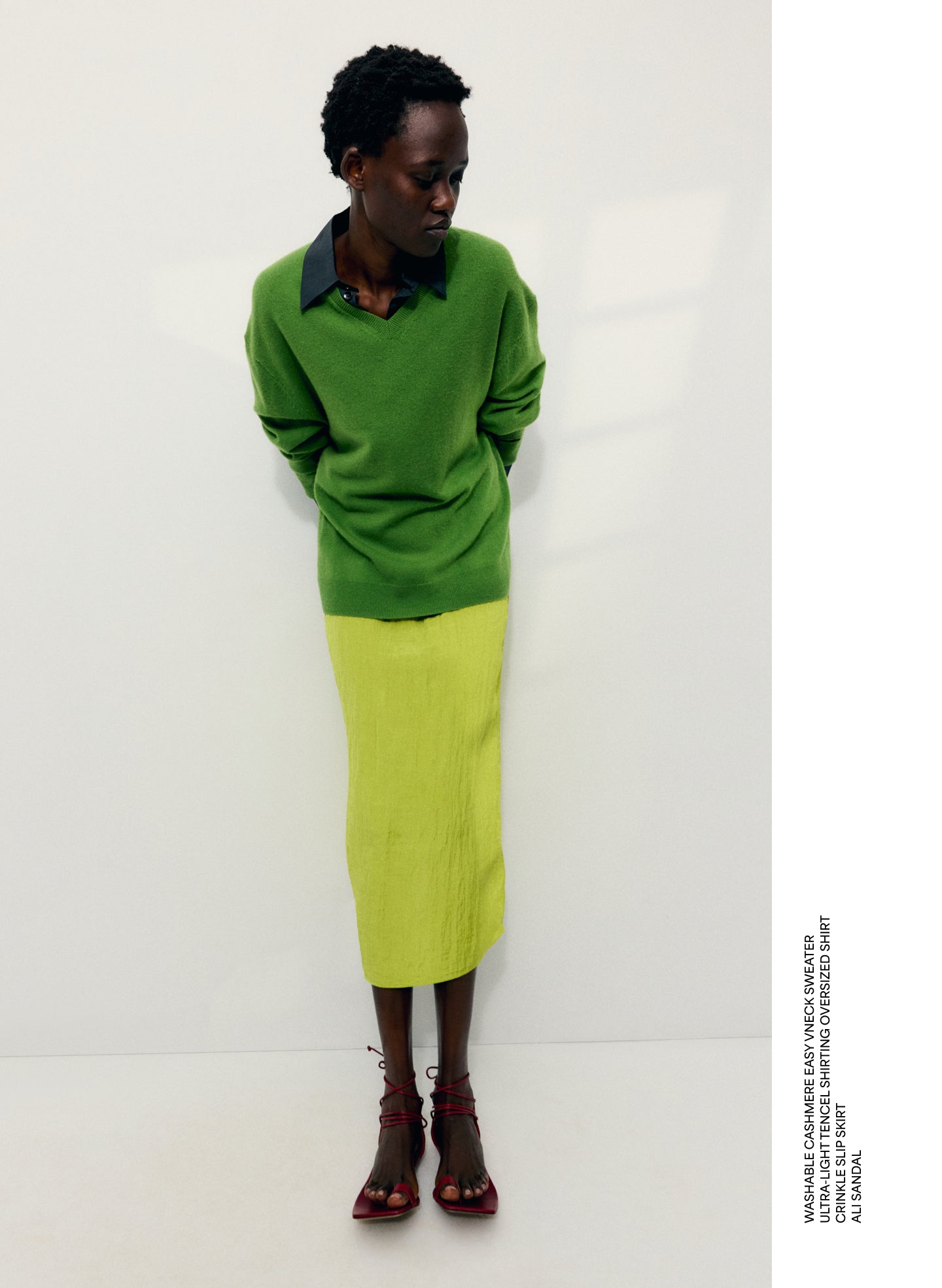 Chartreuse Green Crinkle Slip Skirt - editorial image on model