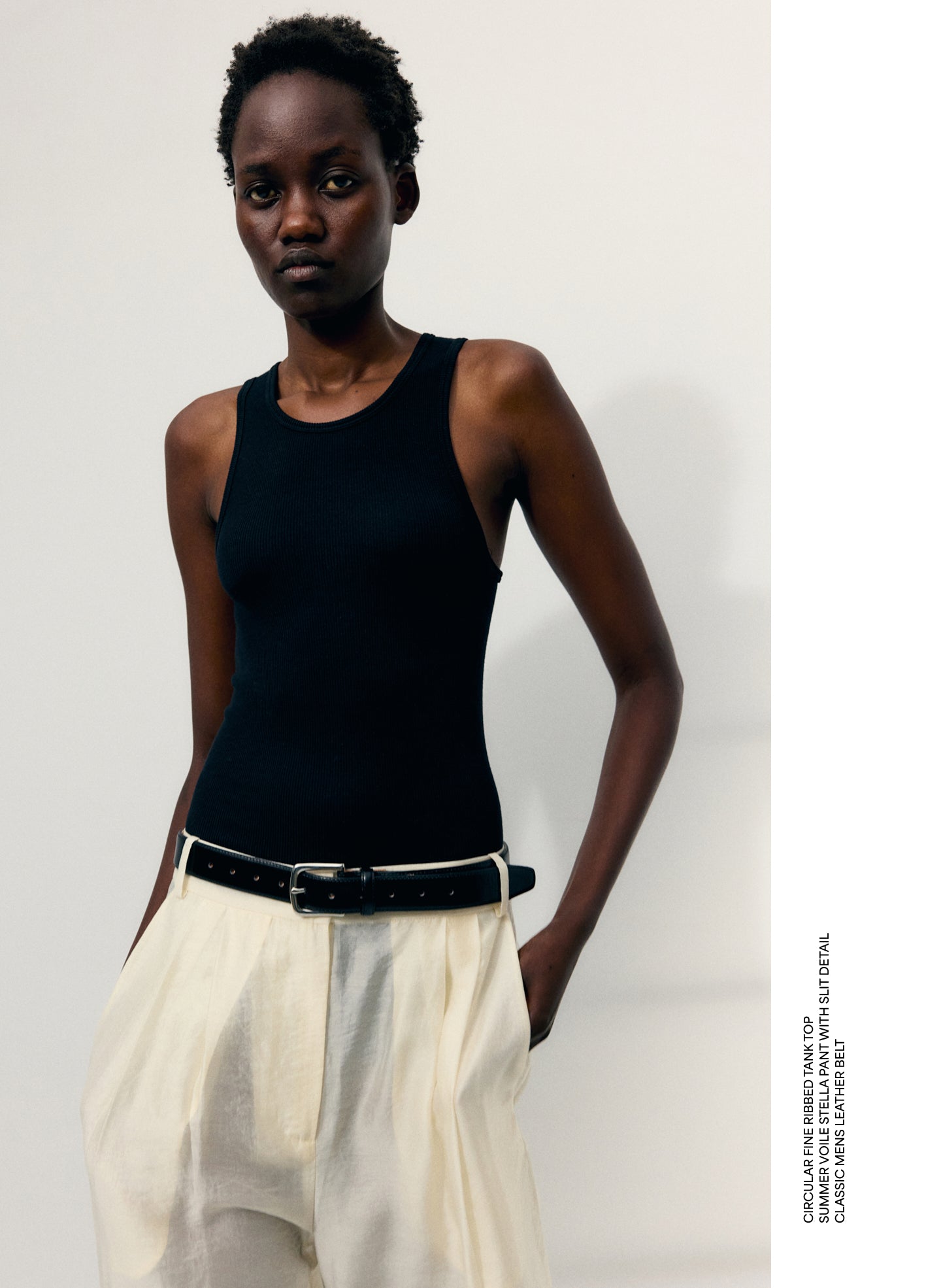 Black Circular Fine Rib T-Shirt Tank - editorial image on model