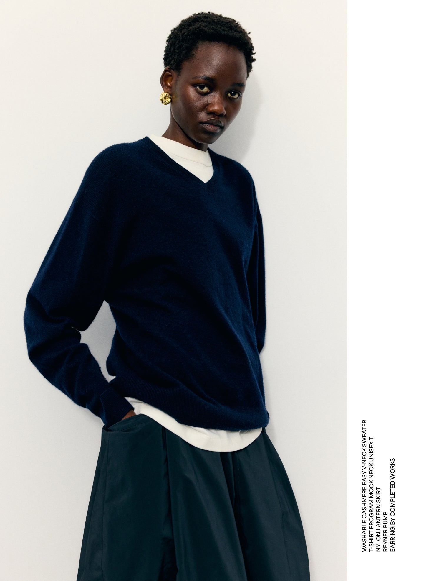 Navy Washable Cashmere Easy V-Neck Sweater - editorial campaign on model