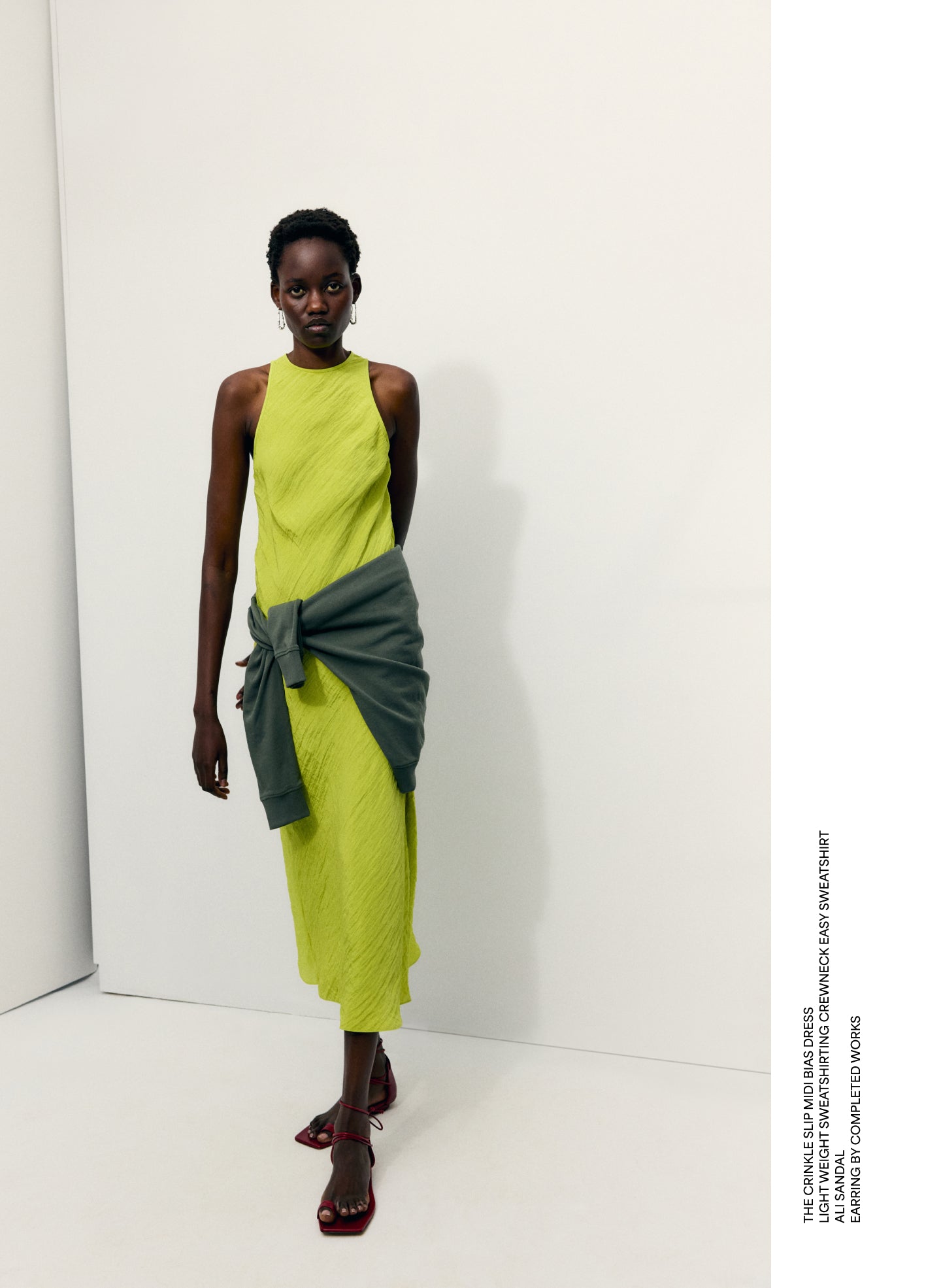 Chartreuse Green Crinkle Slip Midi Bias Dress - editorial image on model