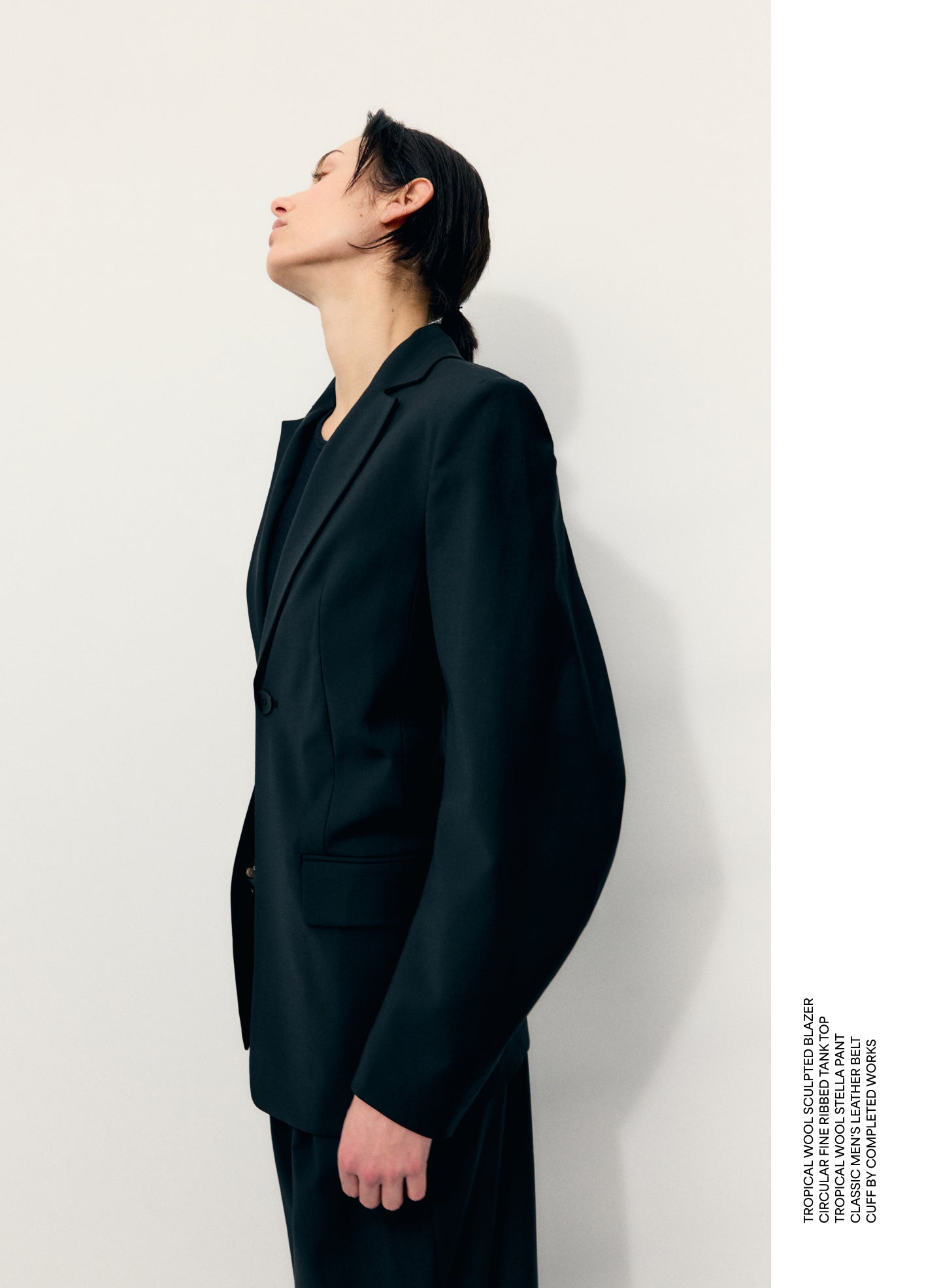 Black Tropical Wool Sculpted Blazer - editorial image on model