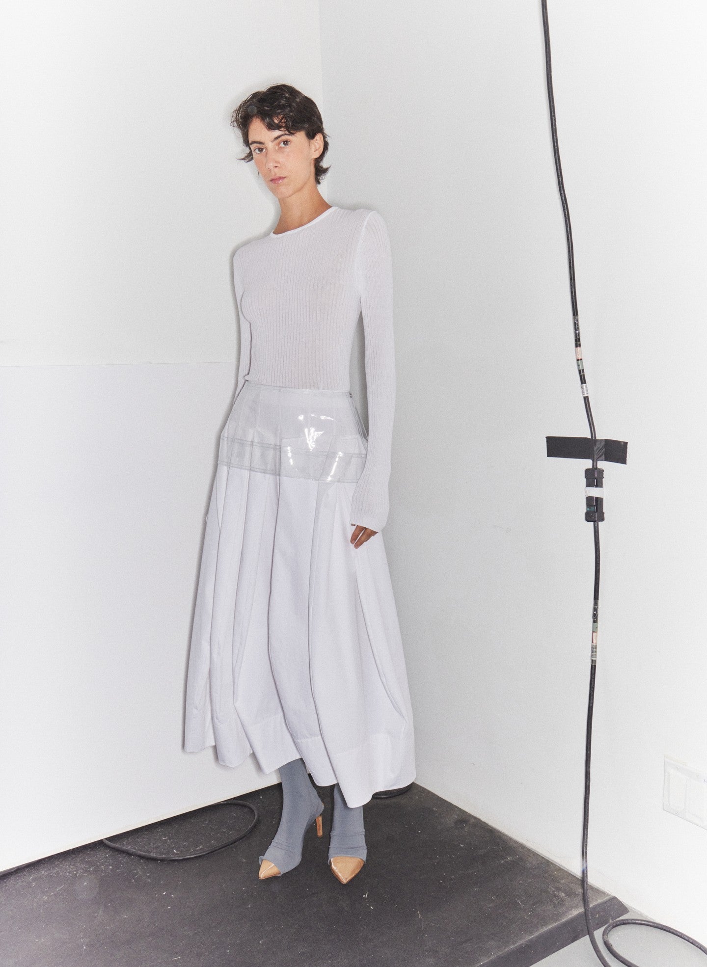 White Compact Eco Poplin Pinched Pleat Full Skirt and Ribbed Pullover - editorial campaign on model