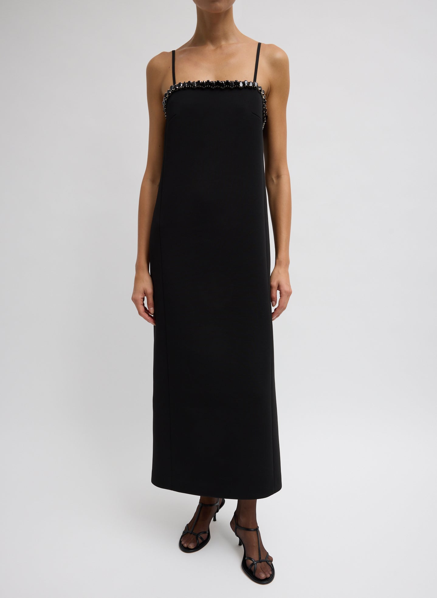 Bonded Twill Beaded Strappy Dress - Black Bonded Twill Beaded Strappy Dress - beaded long dress, front view on model