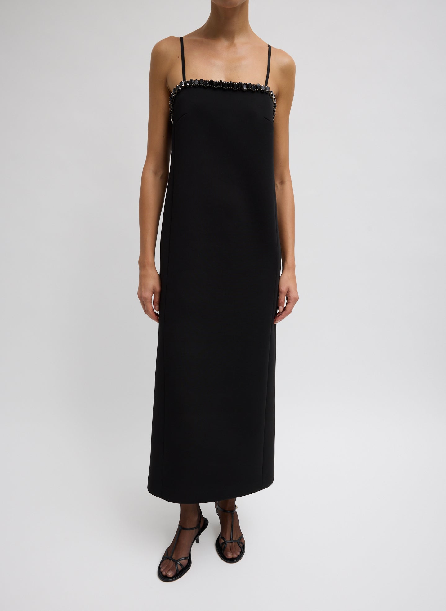 Black Bonded Twill Beaded Strappy Dress - beaded long dress, front view on model