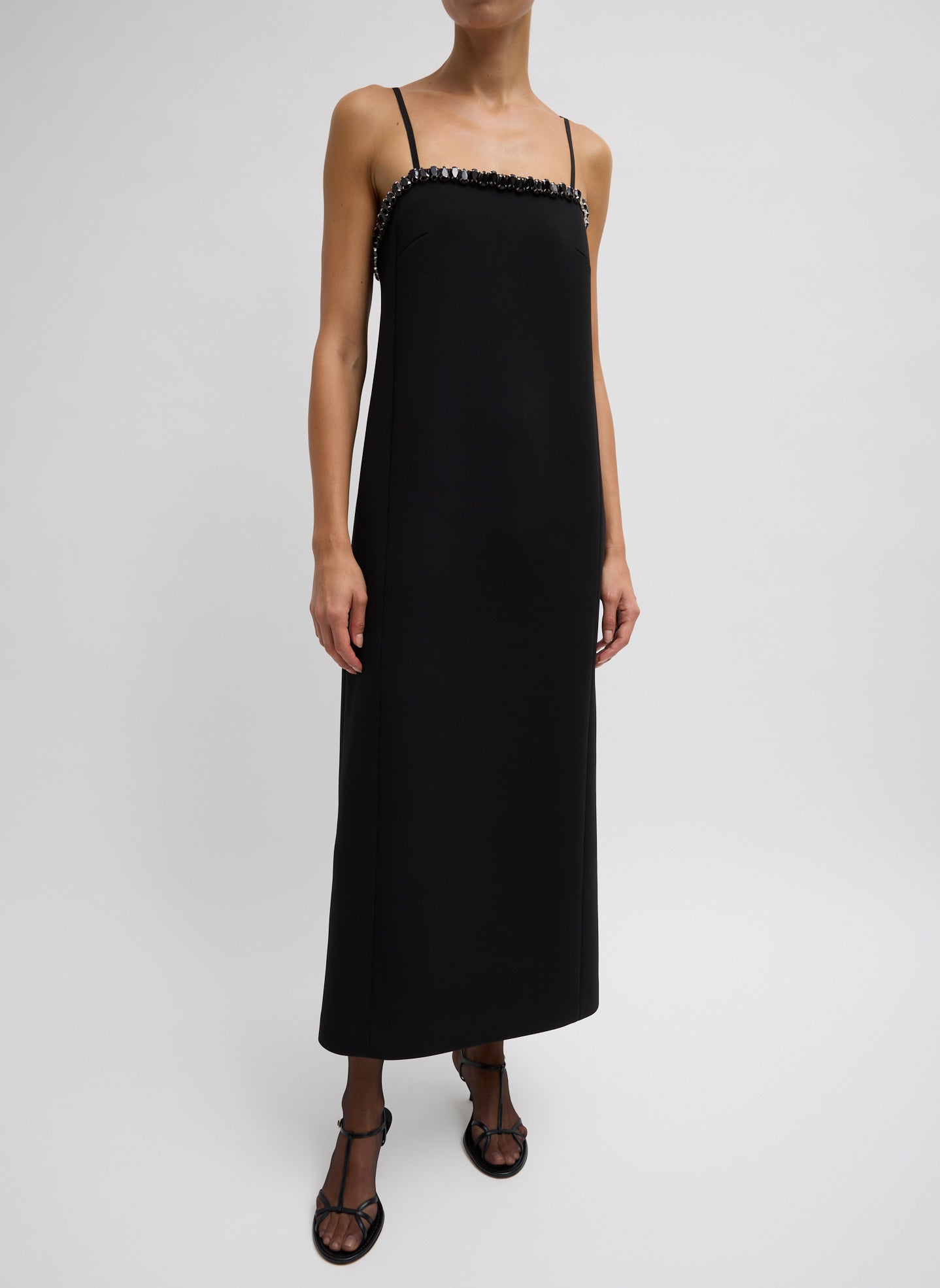 Black Bonded Twill Beaded Strappy Dress - beaded long dress, front view on model
