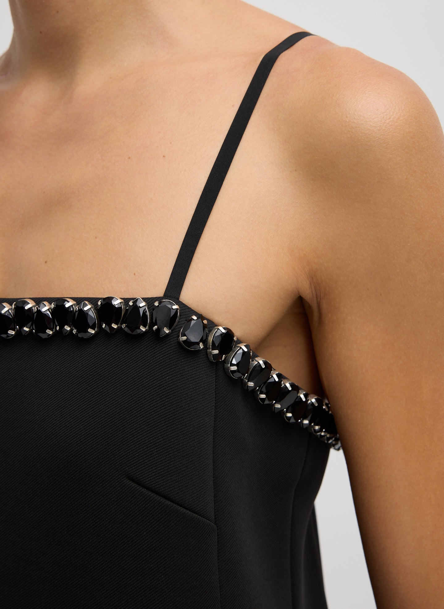 Black Bonded Twill Beaded Strappy Dress - closeup of strap and beaded detail at neckline
