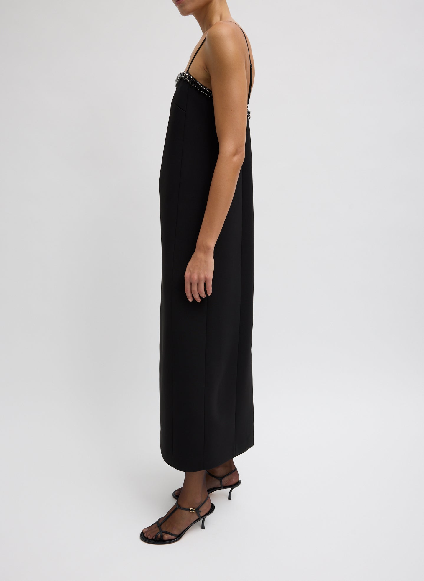 Black Bonded Twill Beaded Strappy Dress - beaded long dress, side view on model