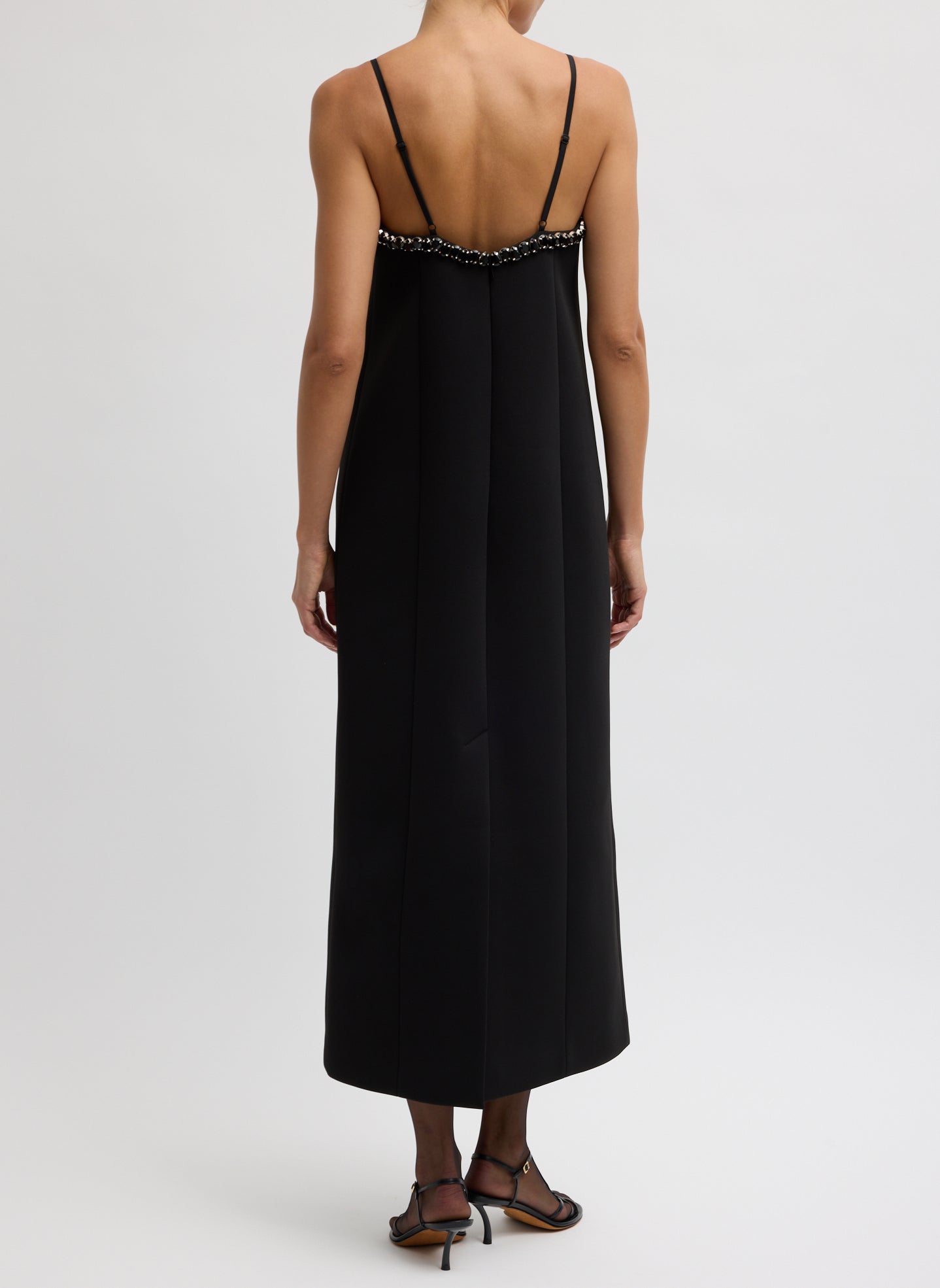 Black Bonded Twill Beaded Strappy Dress - beaded long dress, back view on model