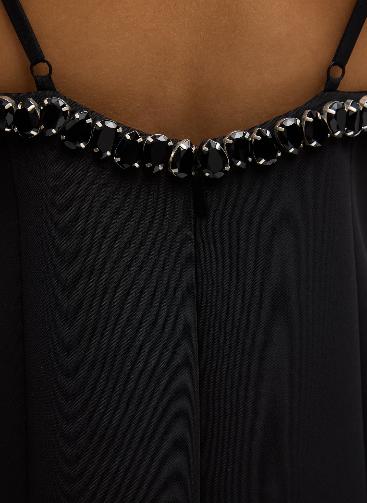 Black Bonded Twill Beaded Strappy Dress - closeup of beaded back neckline and back zipper
