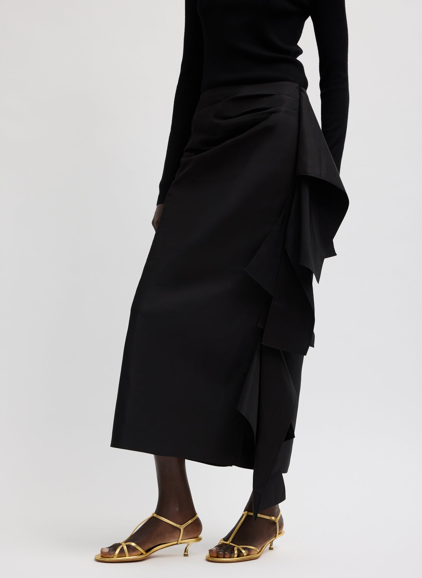 Black Italian Sporty Nylon Ribbon Skirt - midi skirt, front view on model