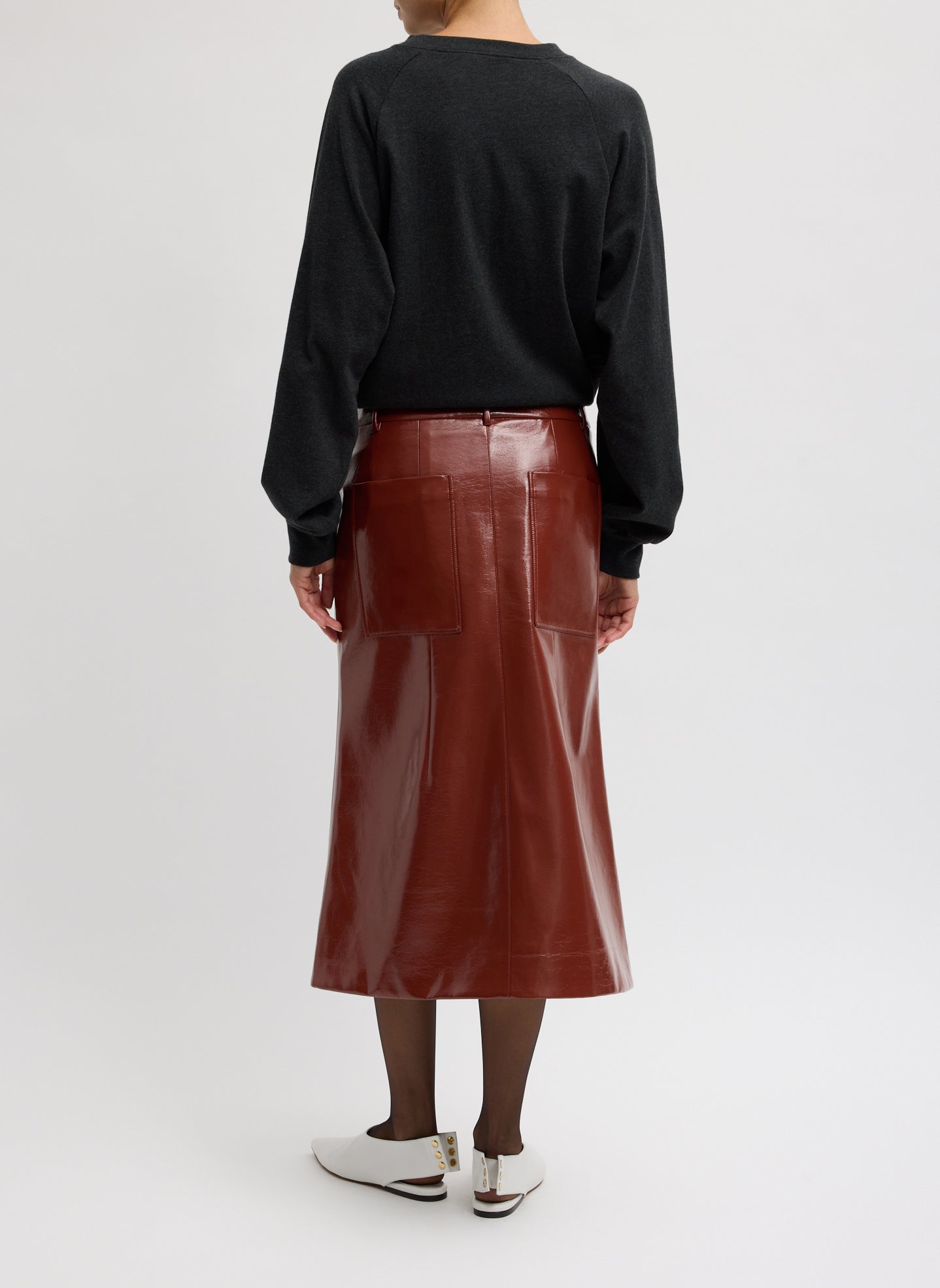 Warm Brown Faux Patent Leather Sculpted Silke Skirt - full look, back view on model