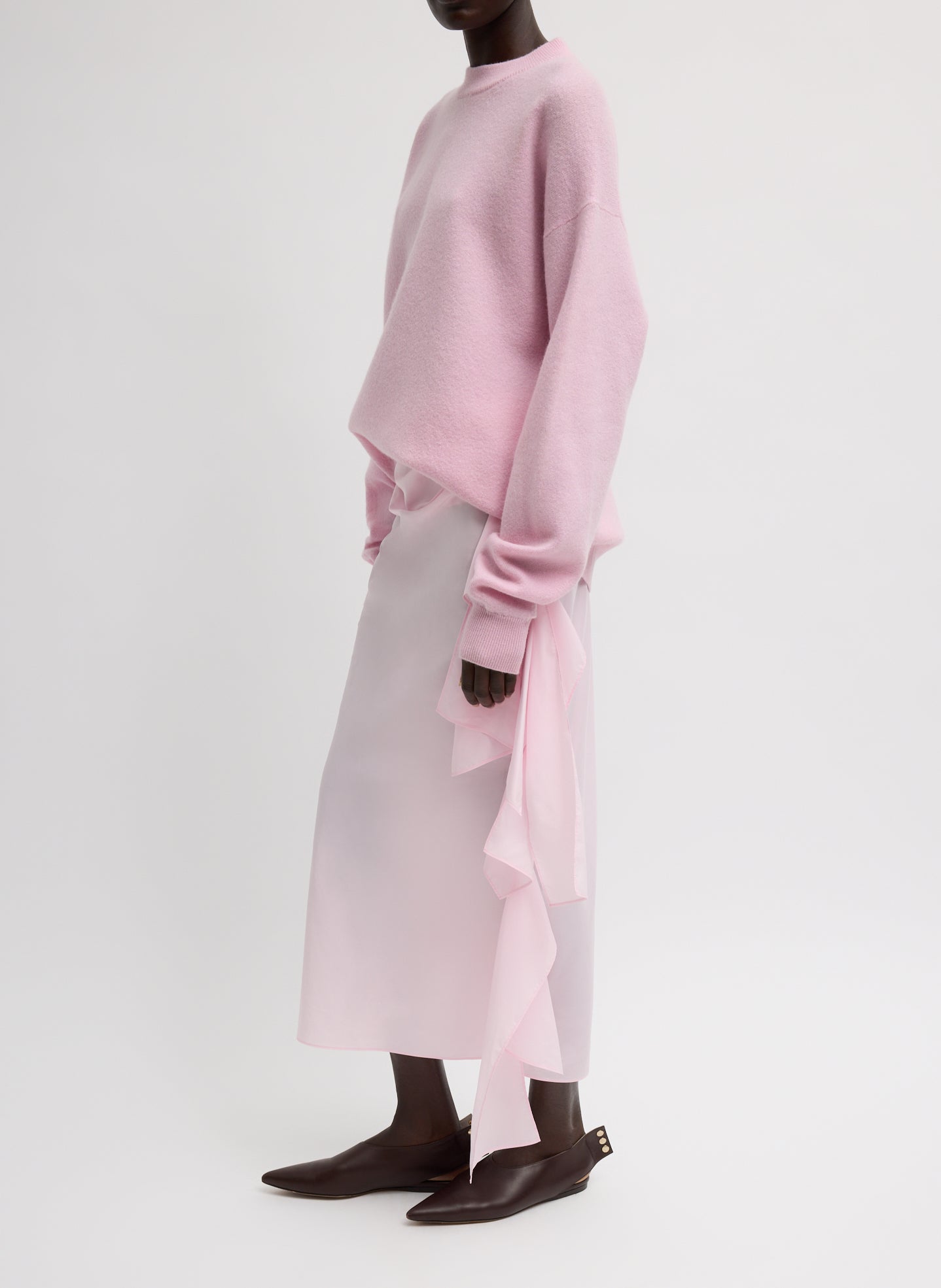Light Pink Italian Sporty Nylon Ribbon Skirt - full look, side view on model