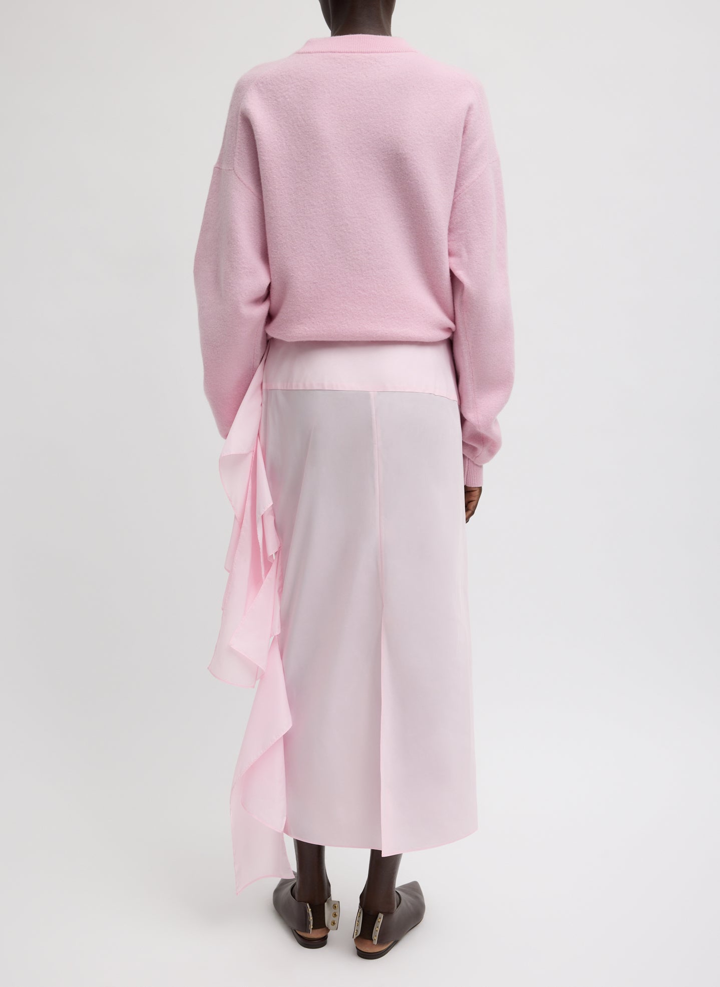 Light Pink Italian Sporty Nylon Ribbon Skirt - full look, back view on model