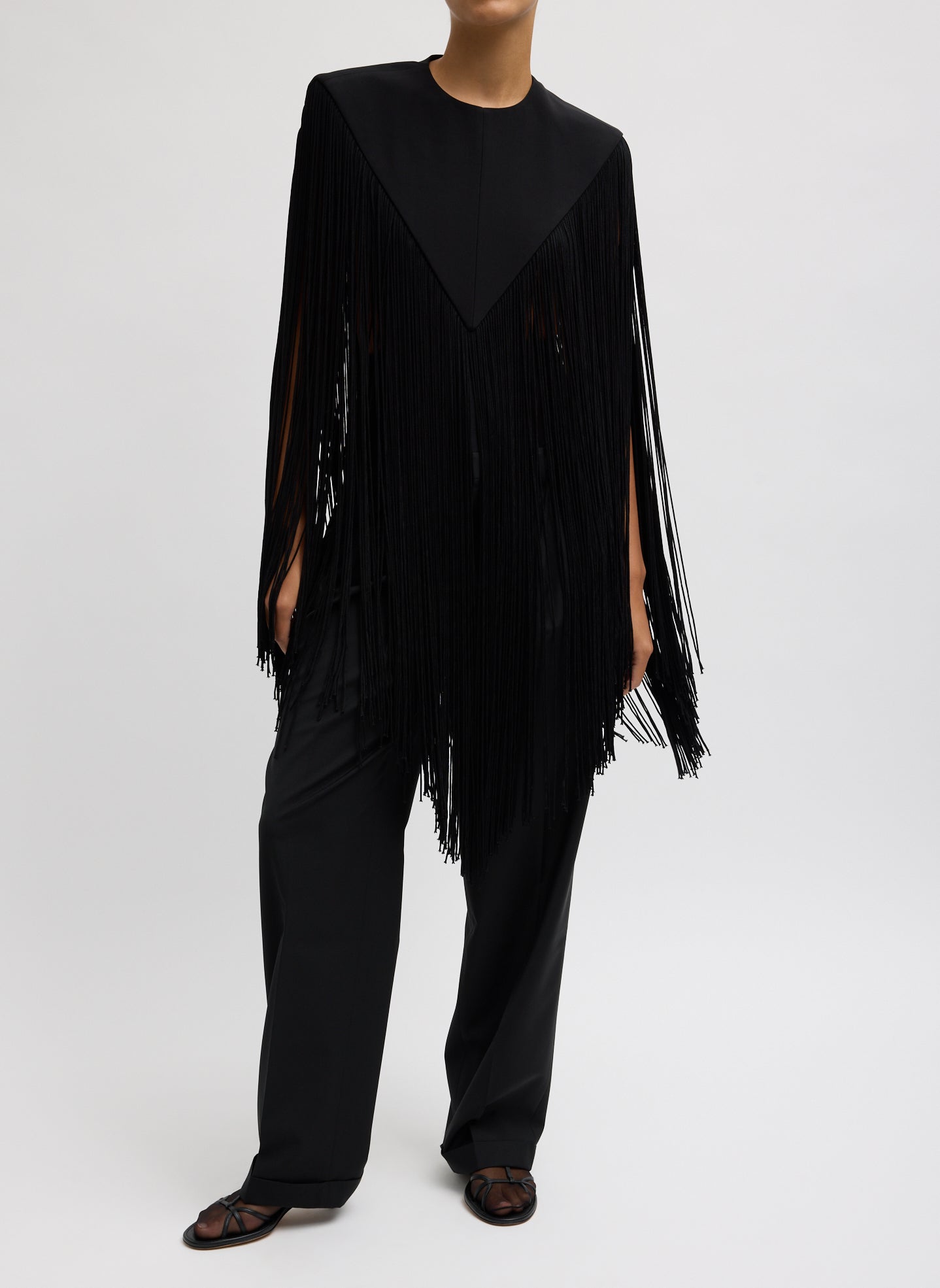 Black 4-Ply Silk Fringe Cape - full look, front view on model