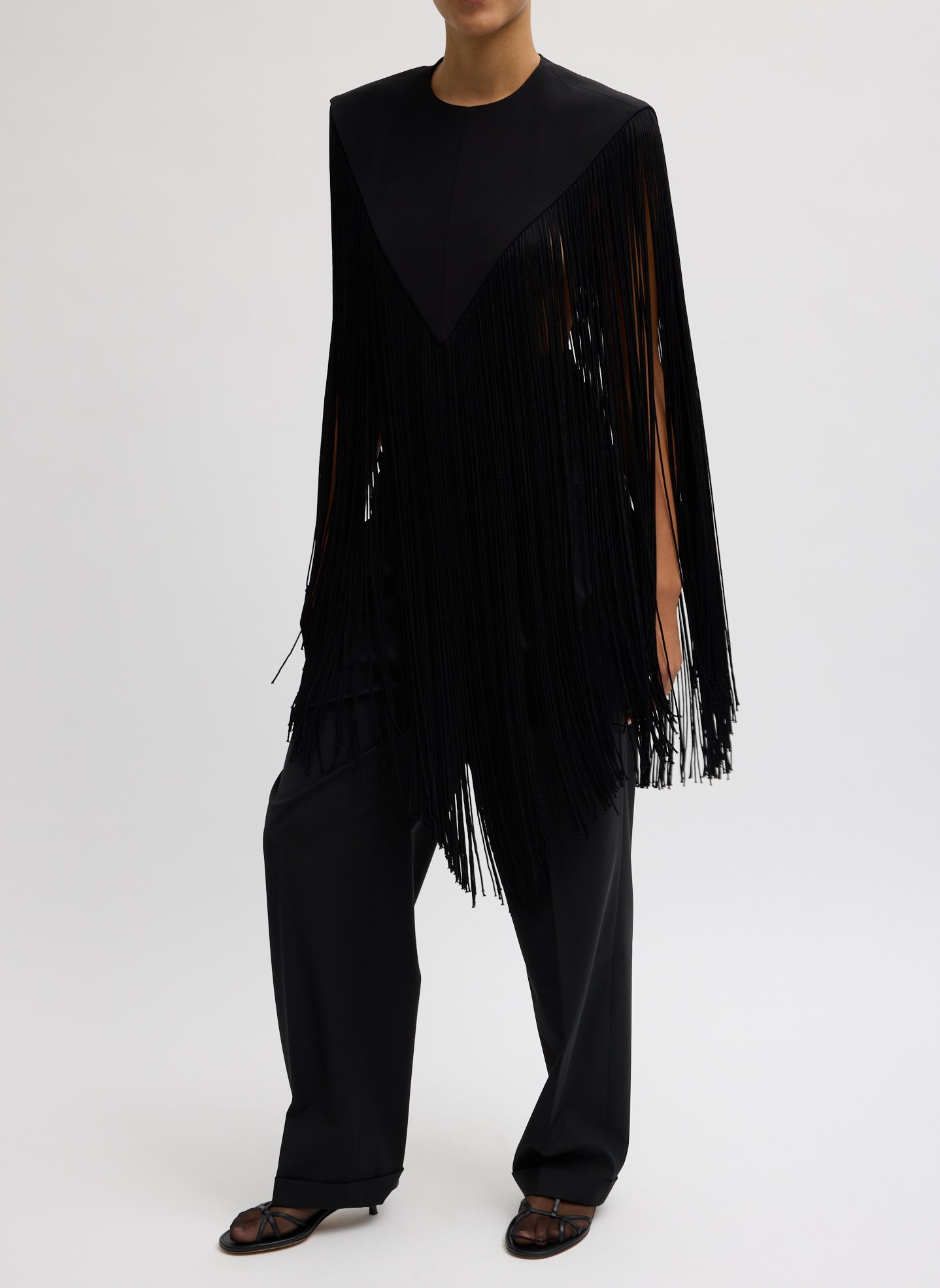 Black 4-Ply Silk Fringe Cape - full look, front view on model