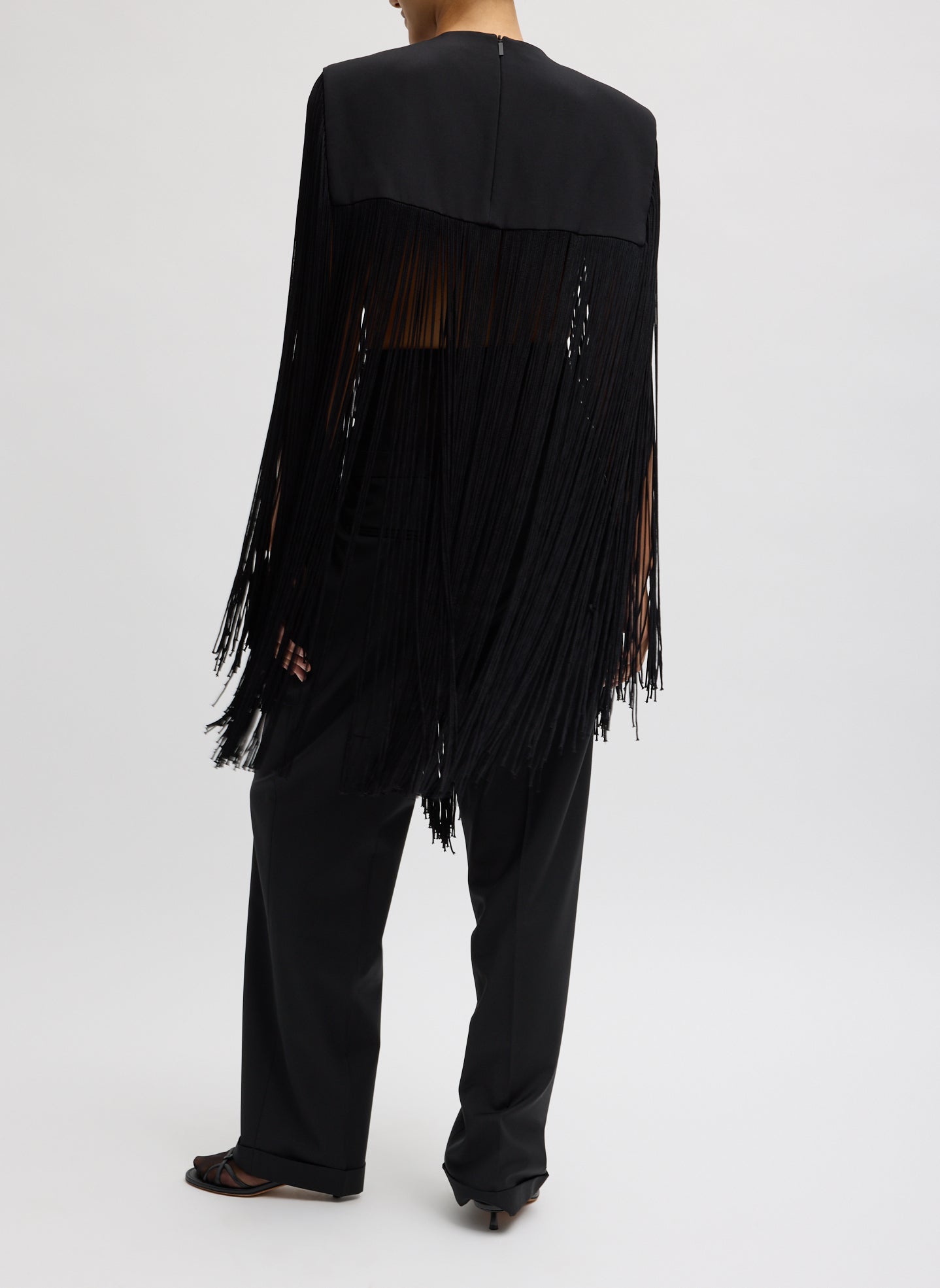 Black 4-Ply Silk Fringe Cape - full look, back view on model