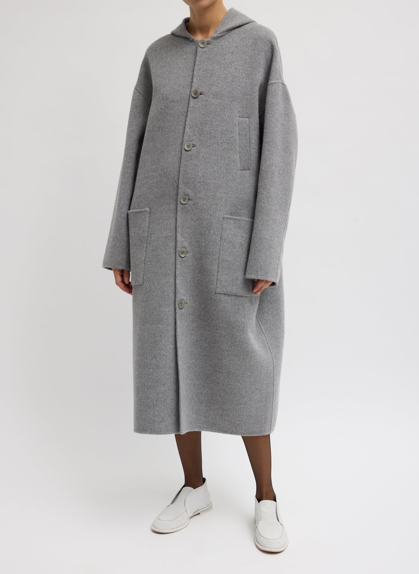 Grey Luxe Double Faced Wool Angora Hooded Coat - oversized button up coat, front view on model