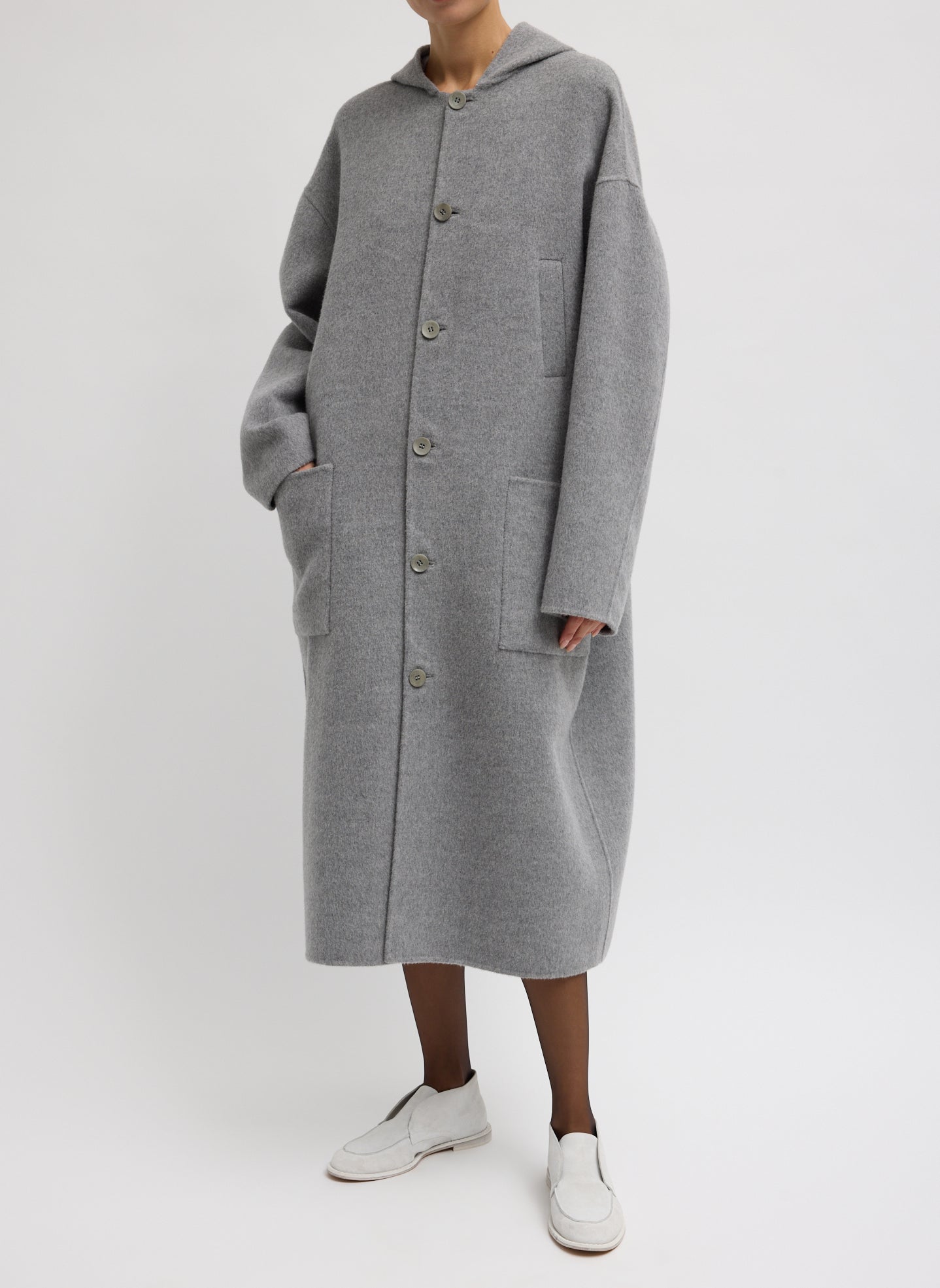 Luxe Double Faced Wool Angora Hooded Coat - Grey Luxe Double Faced Wool Angora Hooded Coat - oversized button up coat, front view on model