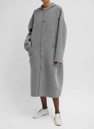 Grey Luxe Double Faced Wool Angora Hooded Coat - oversized button up coat, front view on model