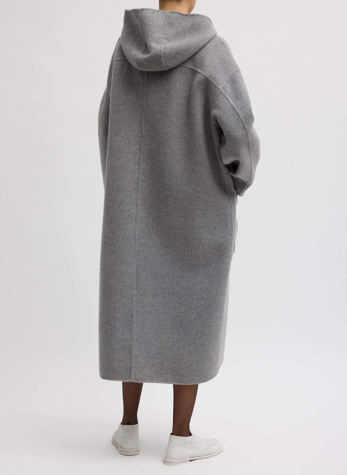 Grey Luxe Double Faced Wool Angora Hooded Coat - oversized button up coat, back view on model