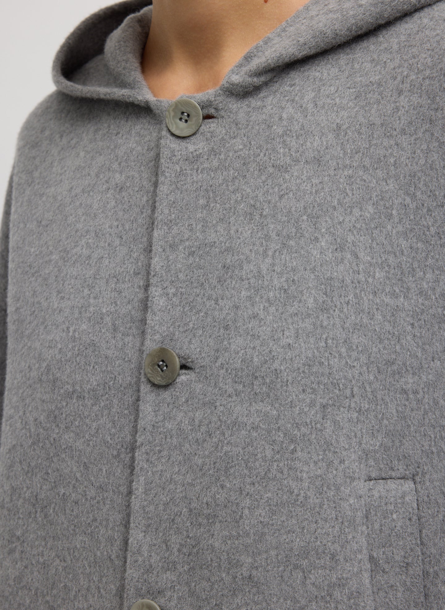 Grey Luxe Double Faced Wool Angora Hooded Coat - closeup of button details