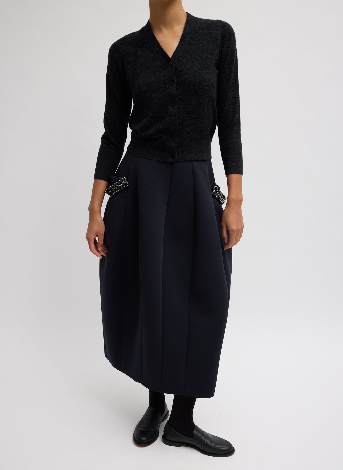 Bonded Twill Sculpted Skirt With Removable Beading - Navy Bonded Twill Sculpted Skirt With Removable Beading - midi skirt, front view on model