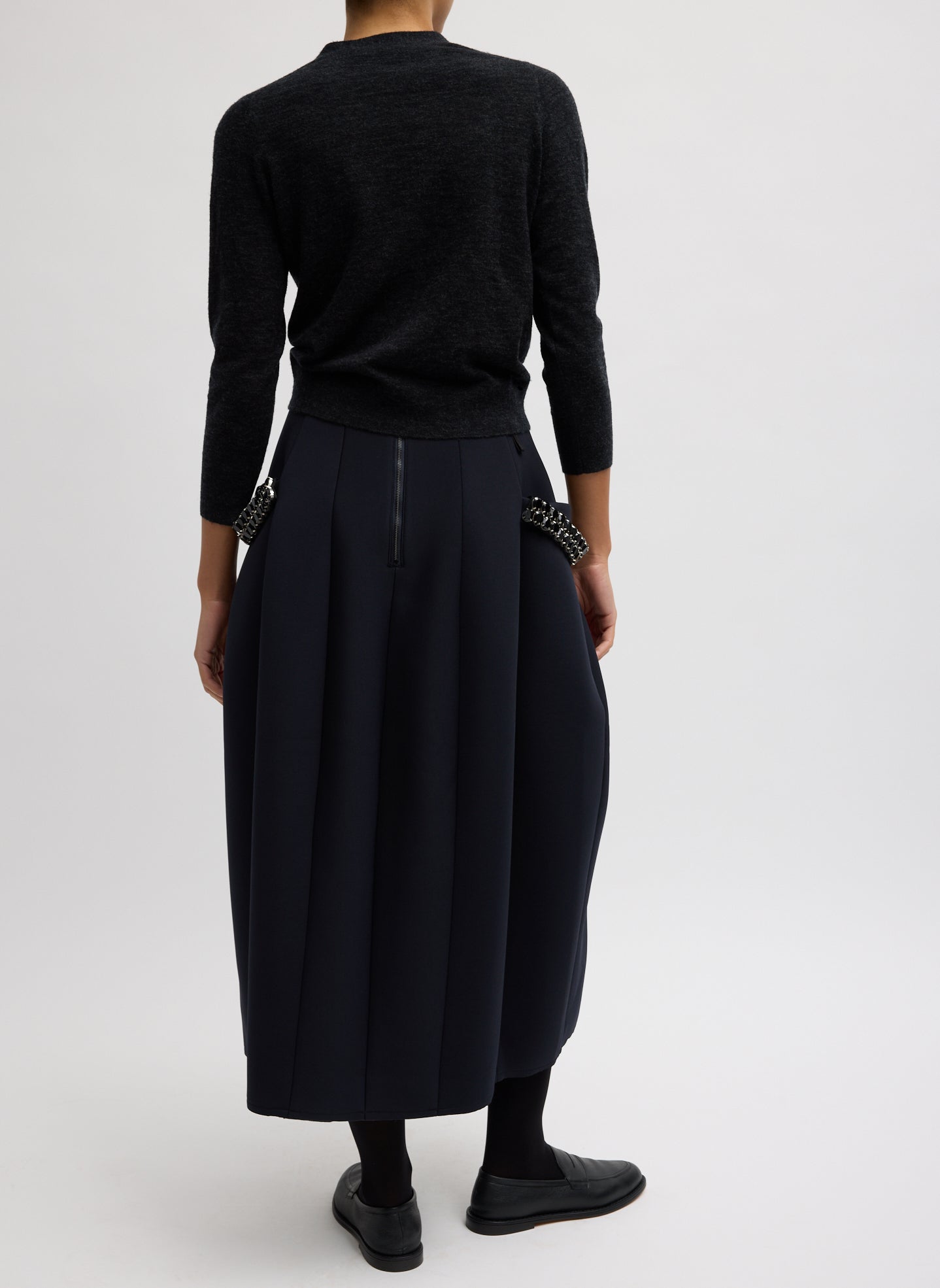 Navy Bonded Twill Sculpted Skirt With Removable Beading - midi skirt, back view on model