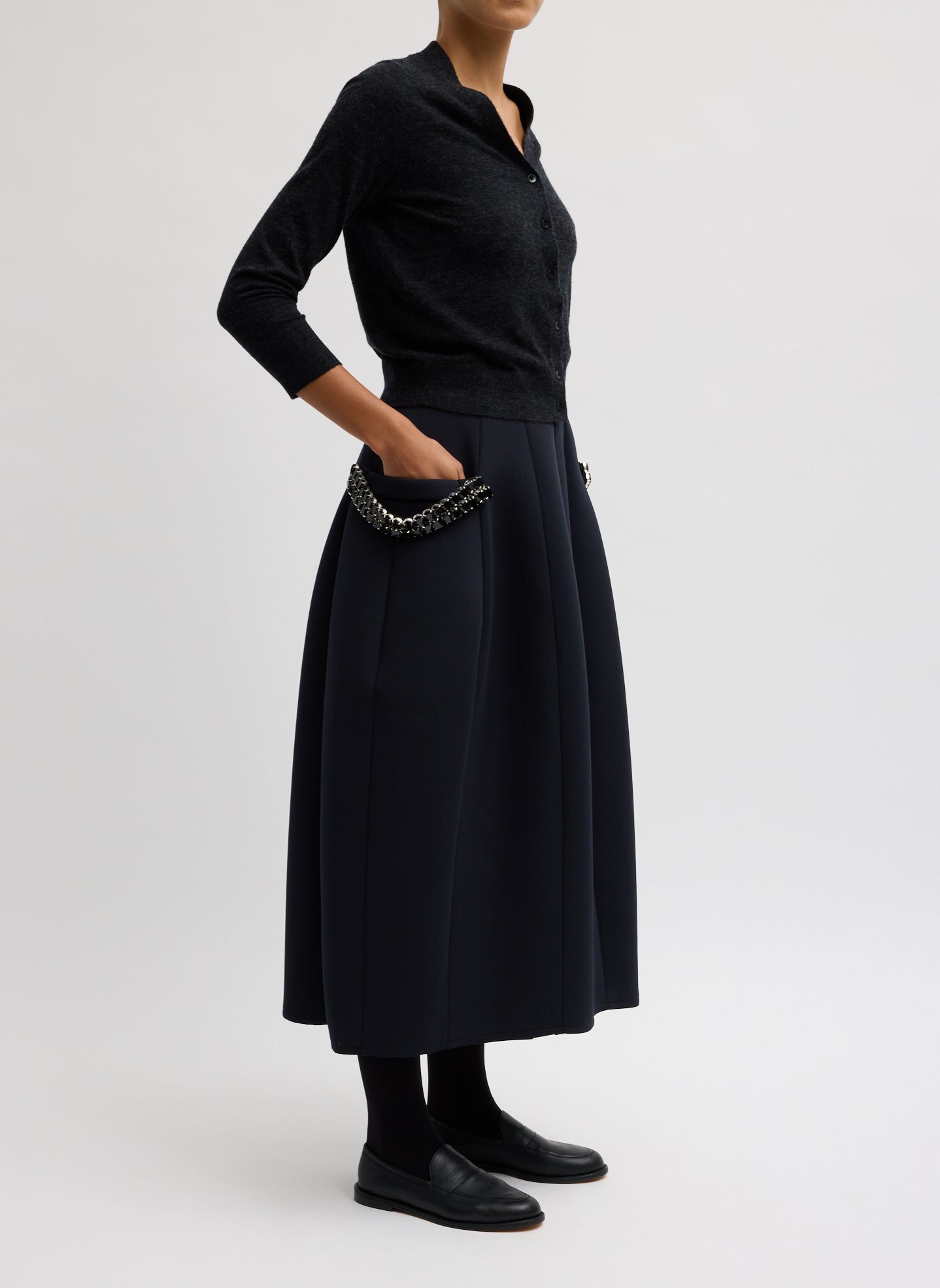 Navy Bonded Twill Sculpted Skirt With Removable Beading - midi skirt, side view on model