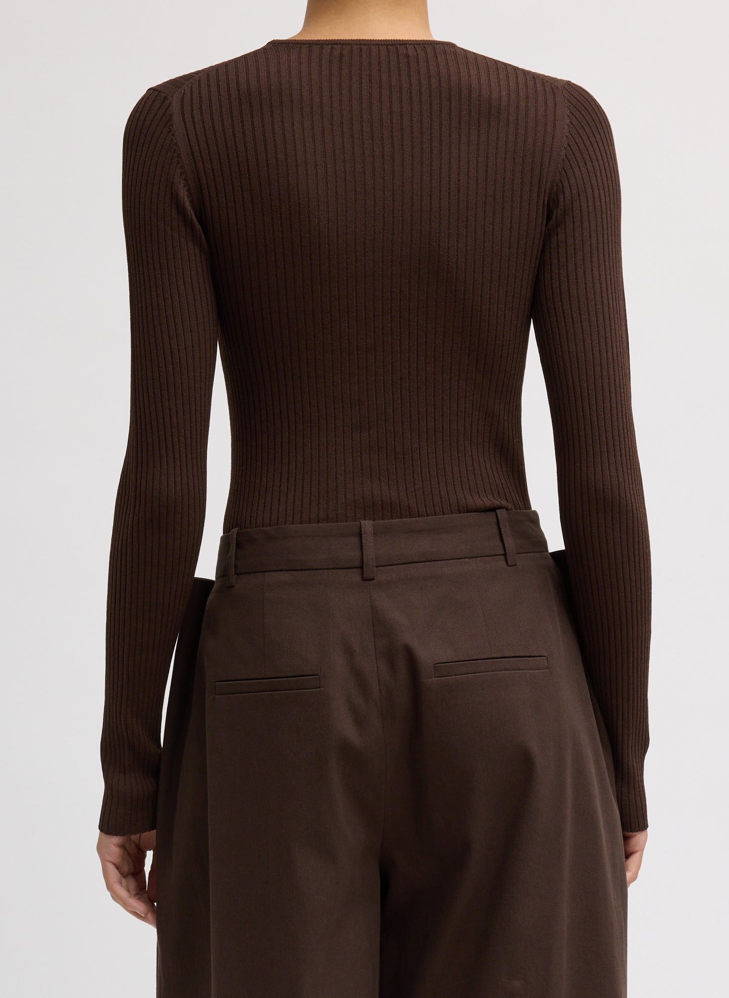 Hickory Brown Ribbed Crewneck - long sleeve, thin knit, back view on model