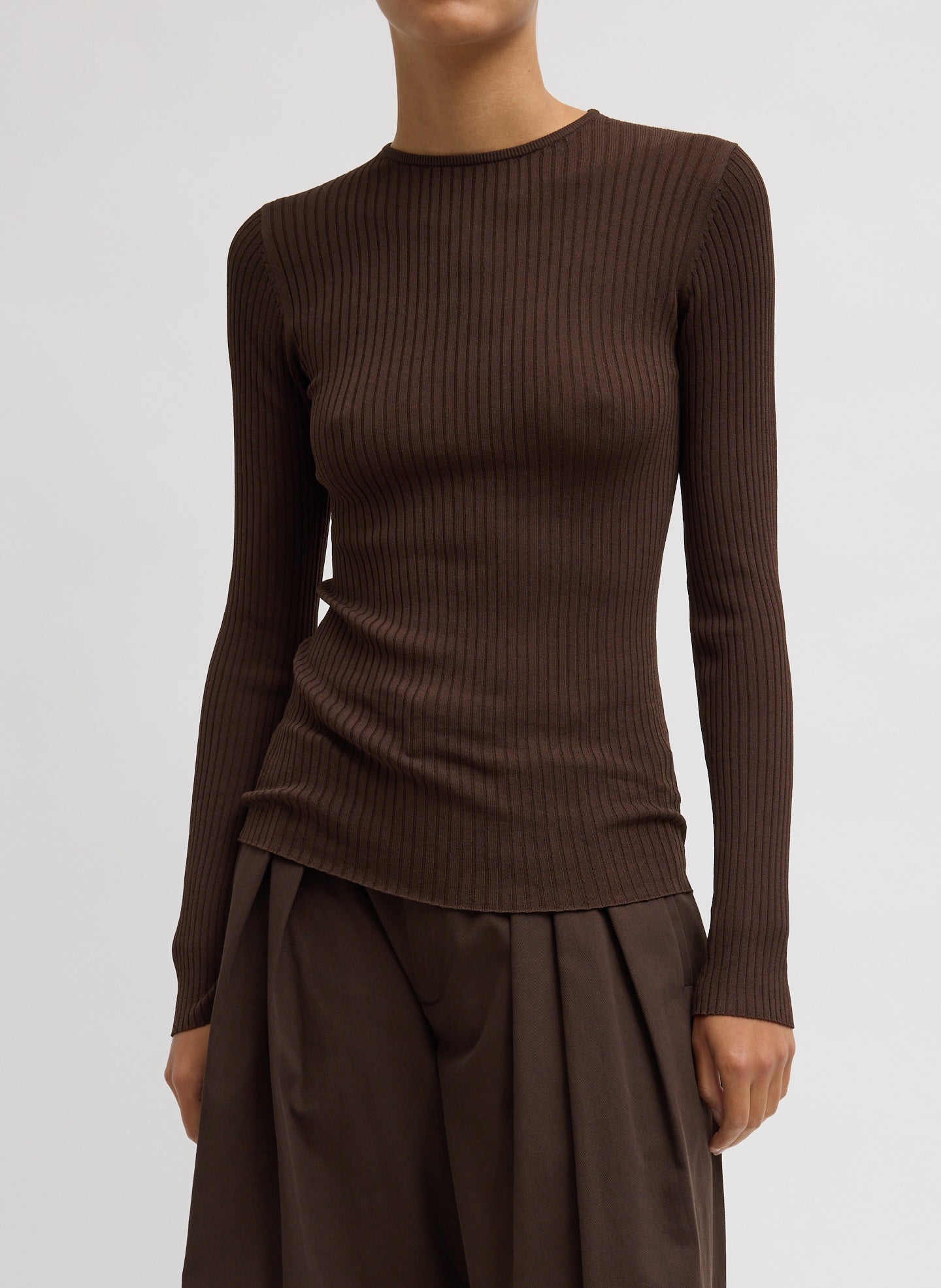 Ribbed Sweater Crewneck Pullover - Hickory Brown Ribbed Crewneck - long sleeve, thin knit, front view on model