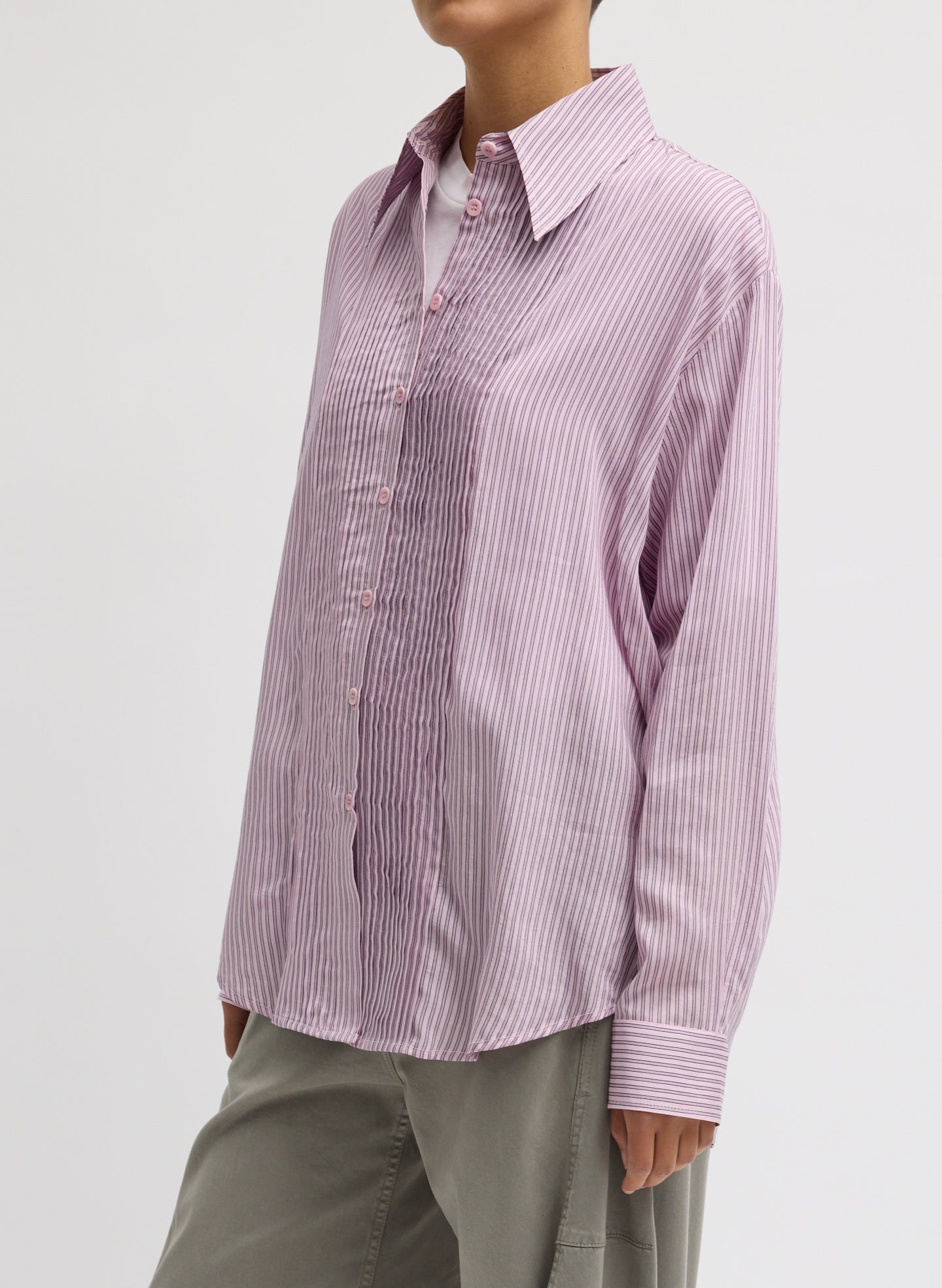Ultra Light Silk Tencel Striped Pintucked Shirt - long sleeve button down, side view on model