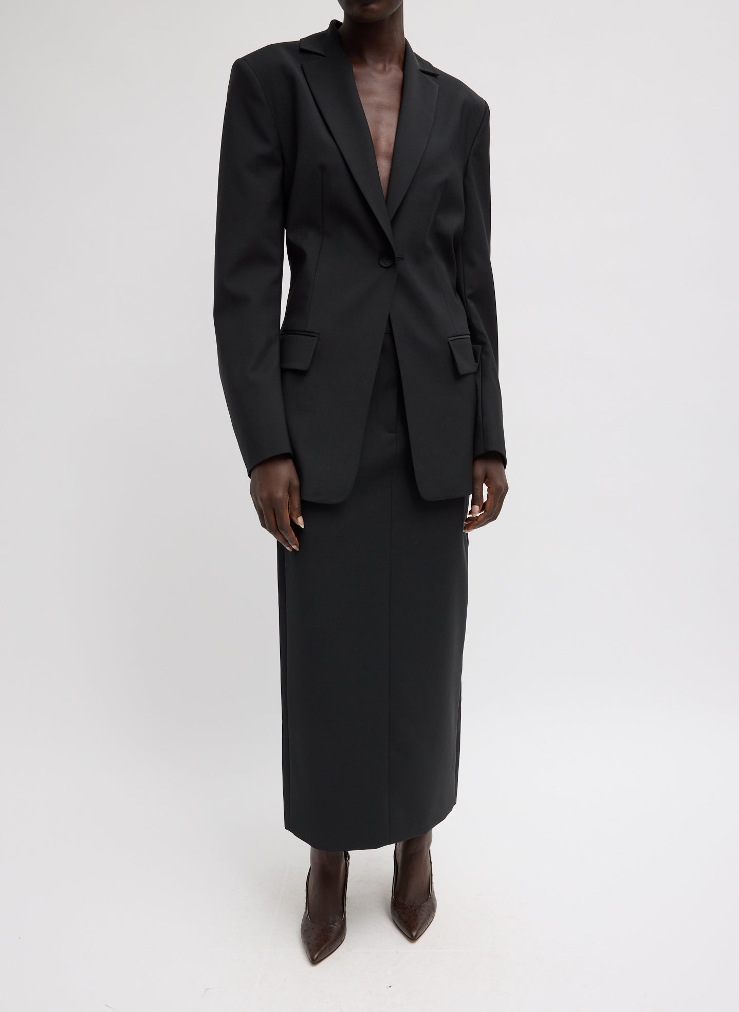 Black Tropical Wool Sculpted Blazer - full look, front view on model