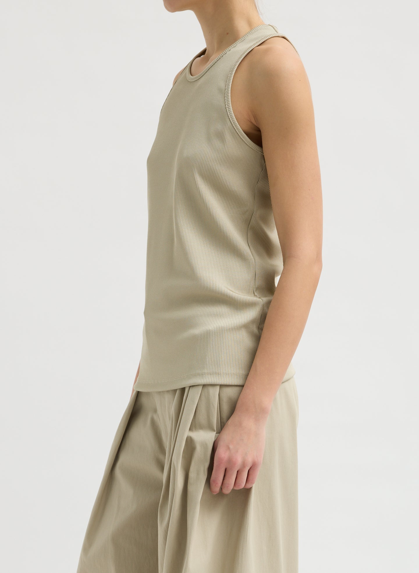 Taupe Stretch Luxe Ribbed Tank Top - side view on model