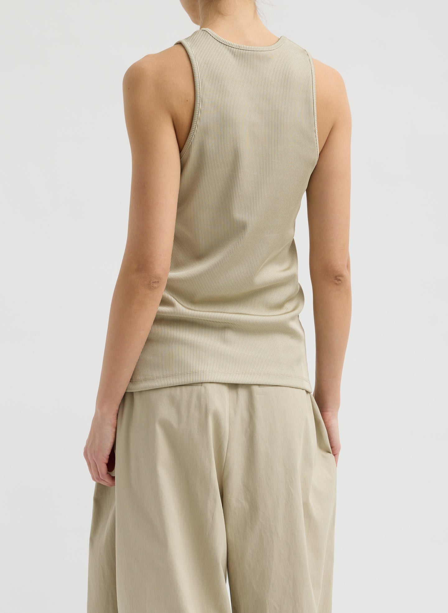 Taupe Stretch Luxe Ribbed Tank Top - back view on model