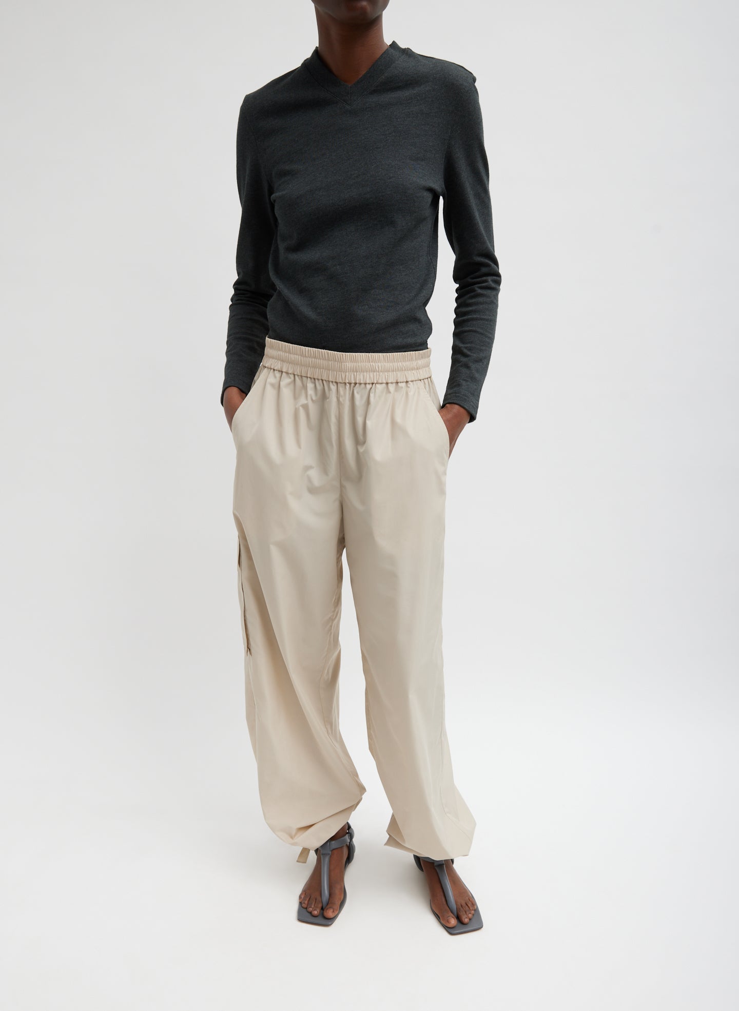 Italian Sporty Nylon Wide Leg Pull On Pant - Ash-1