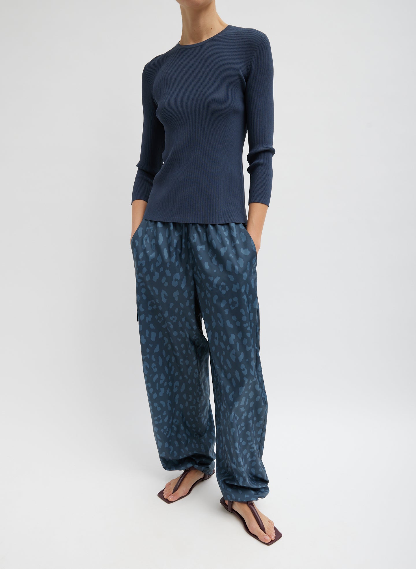 Recycled Sporty Nylon Cheetah Wide Leg Pull On Pant - Navy Fog Multi-1