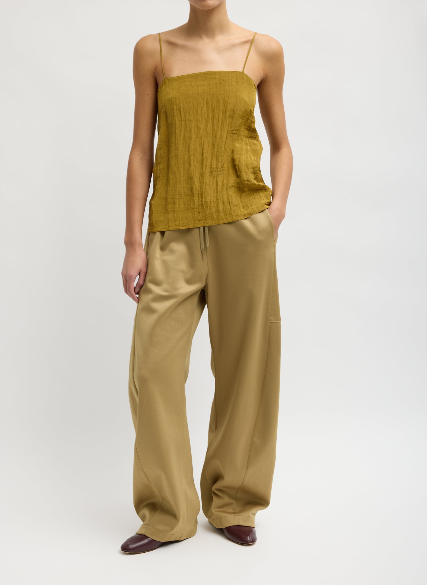 Buff Tan Active Knit Winslow Pant - barrel leg lounge pant, front view on model