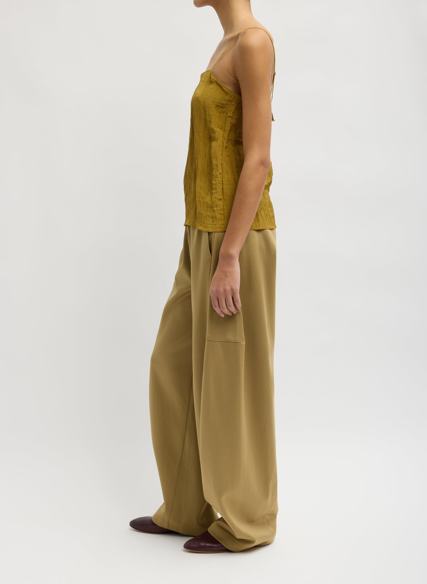 Buff Tan Active Knit Winslow Pant - barrel leg lounge pant, side view on model