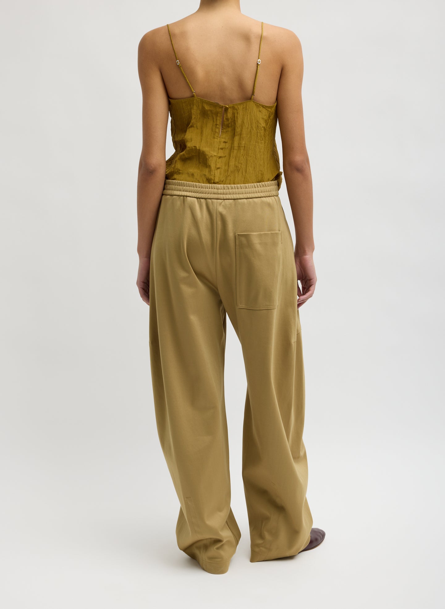 Buff Tan Active Knit Winslow Pant - barrel leg lounge pant, back view on model