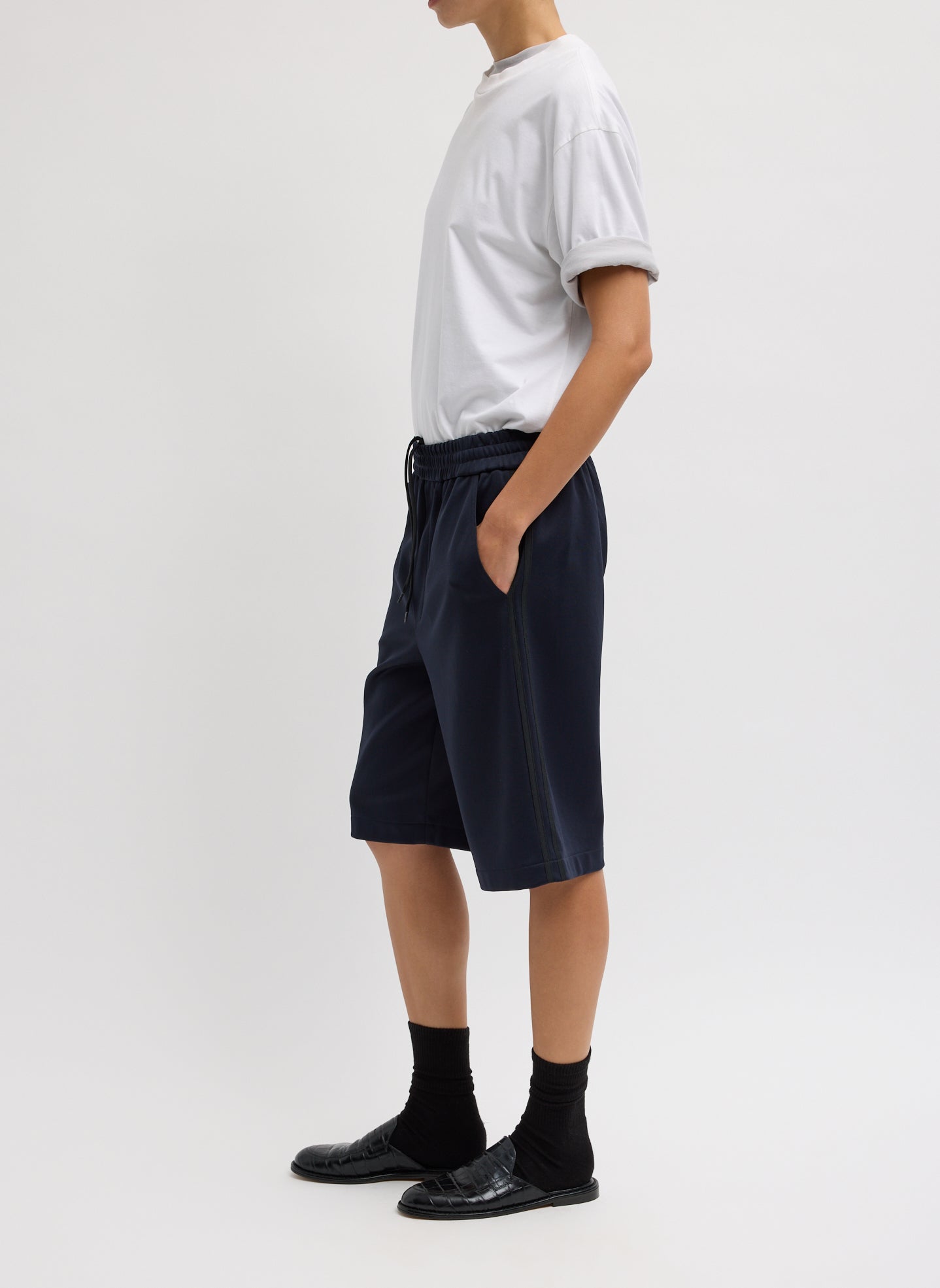 Navy Active Knit Short - athletic knee length short, side view on model