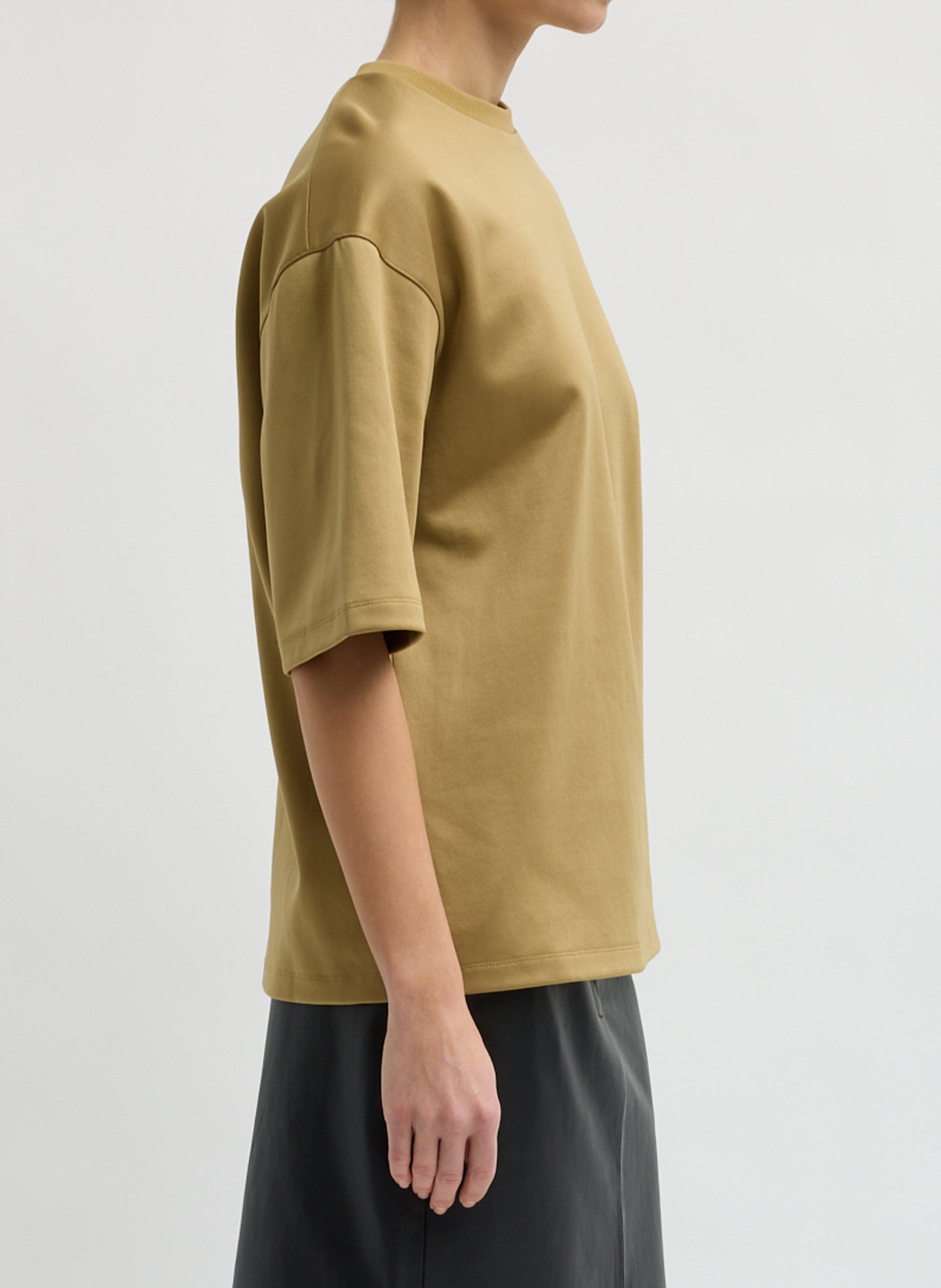 Buff Tan Active Knit Easy T-Shirt - oversized t-shirt, side view on model