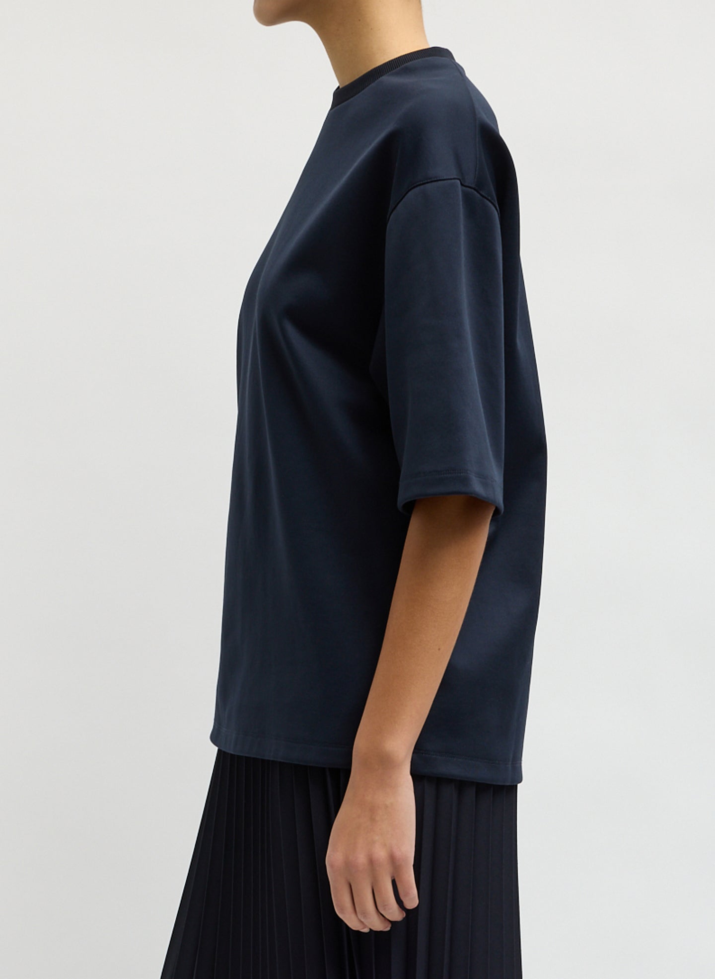 Navy Active Knit Easy T-Shirt - oversized t-shirt, side view on model