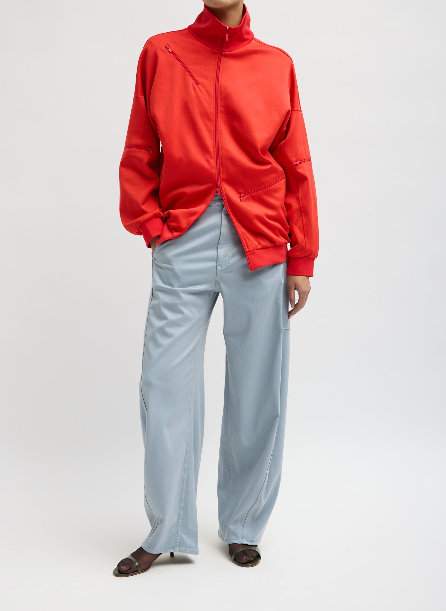 Red Active Knit Zipper Detailed Track Jacket - front view on model