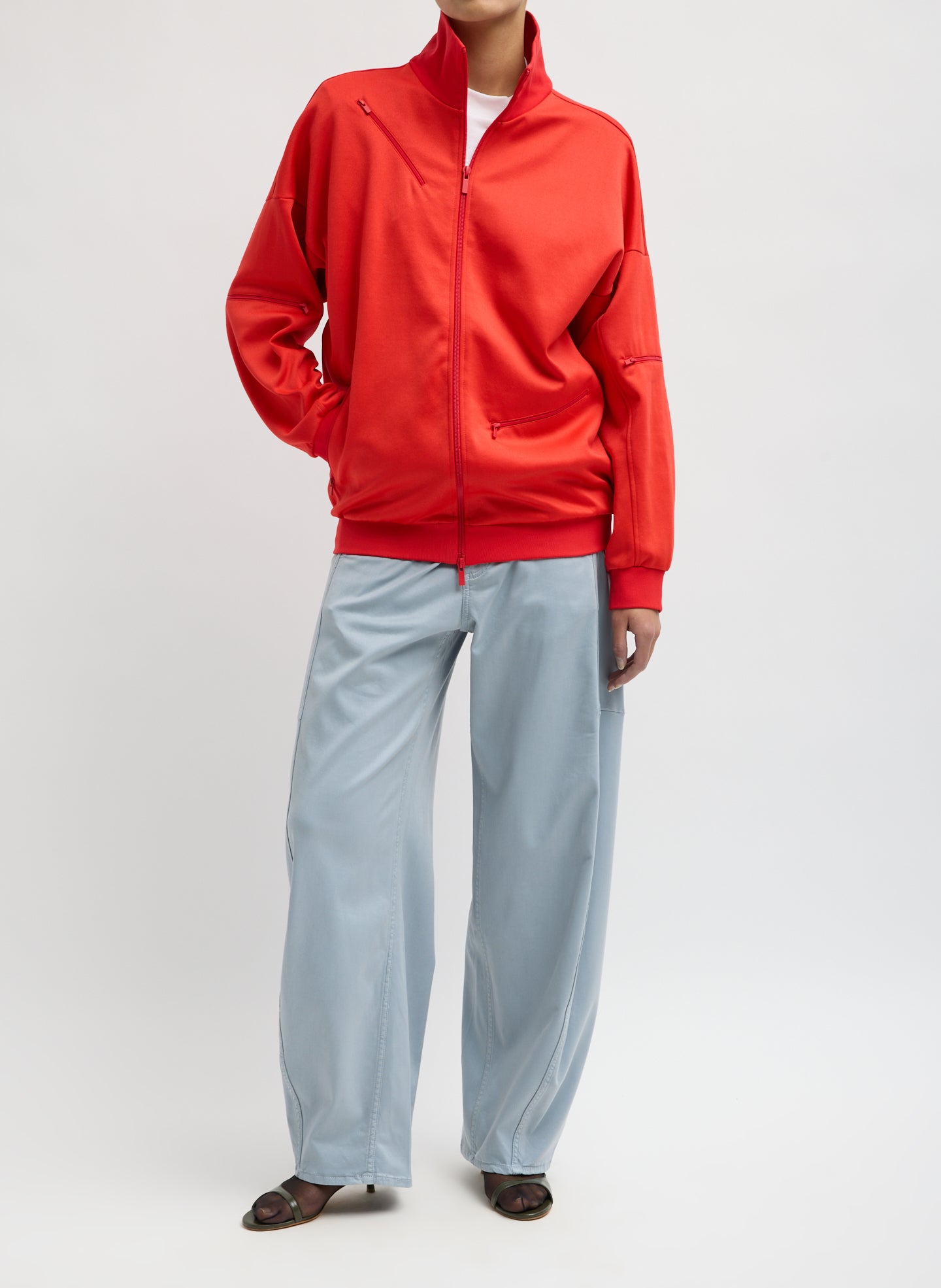 Red Active Knit Zipper Detailed Track Jacket - front view on model