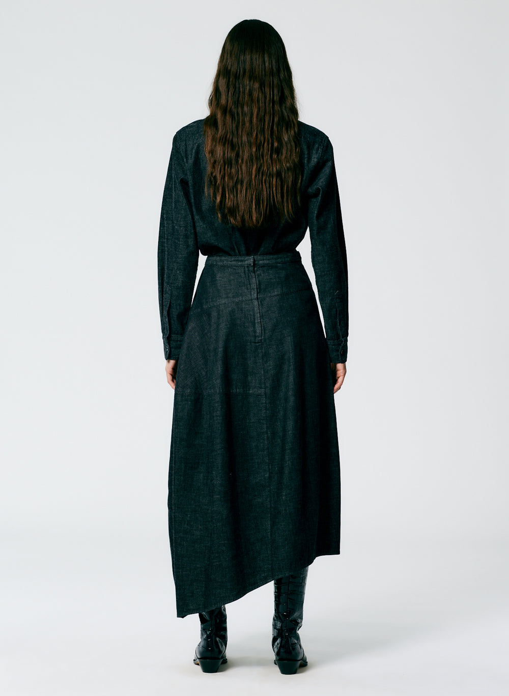 Washed Blue Denim Asymmetrical Pink Feather Trim Skirt
