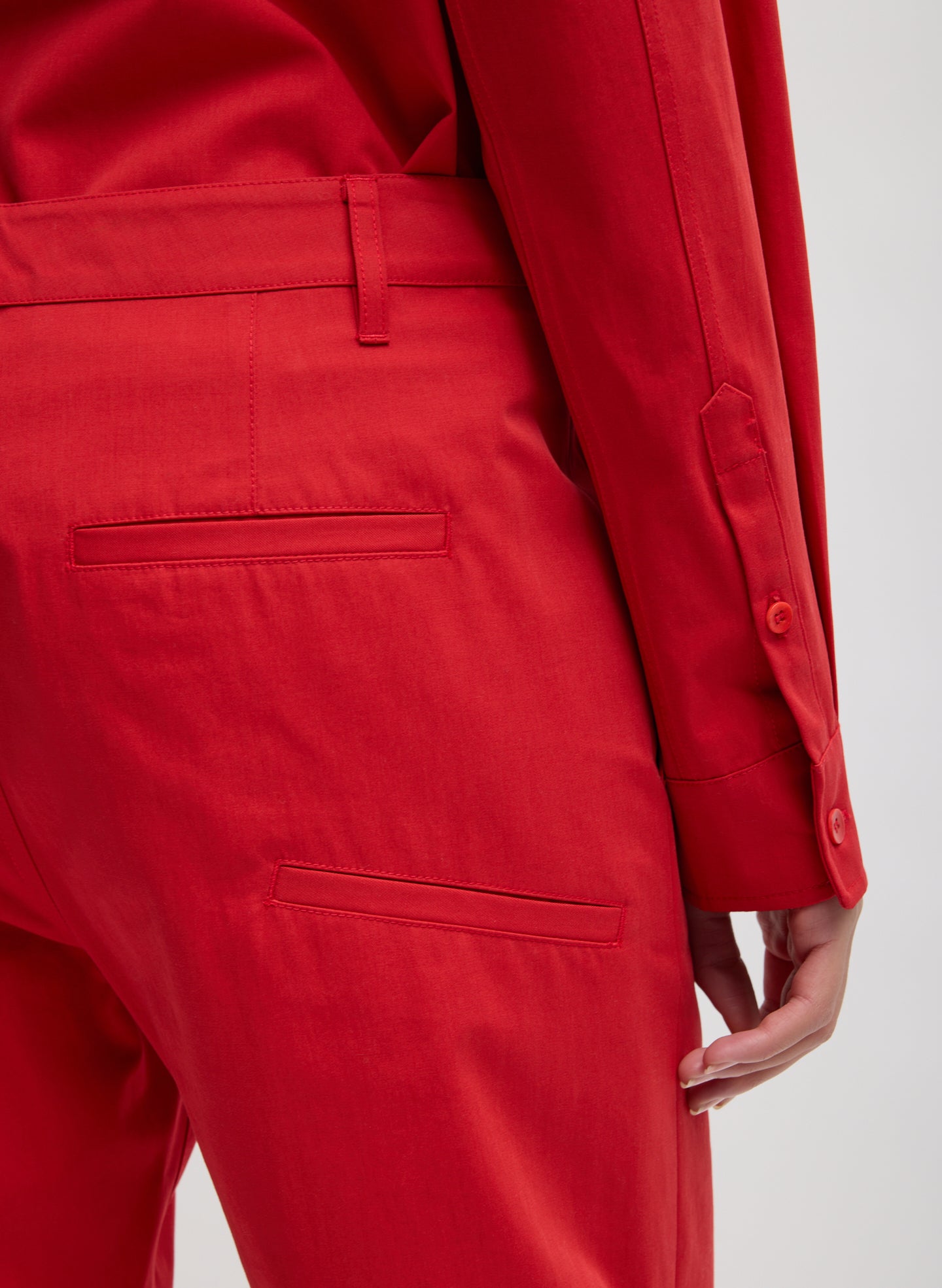 Red Bio Twill Alec Slouch Pant - closeup of back pocket detail