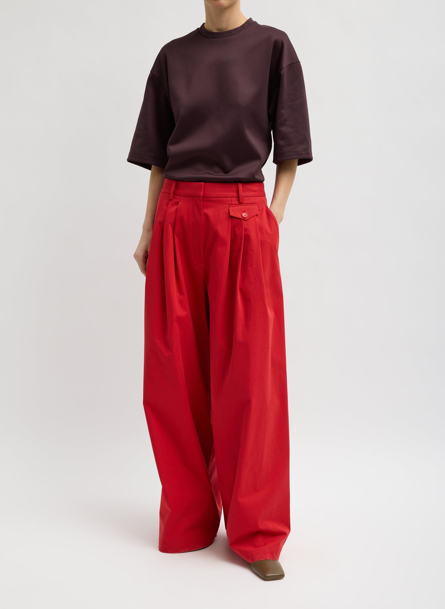 Red Bio Twill Triple Pleat Pant - pleated wide leg trouser, front view on model