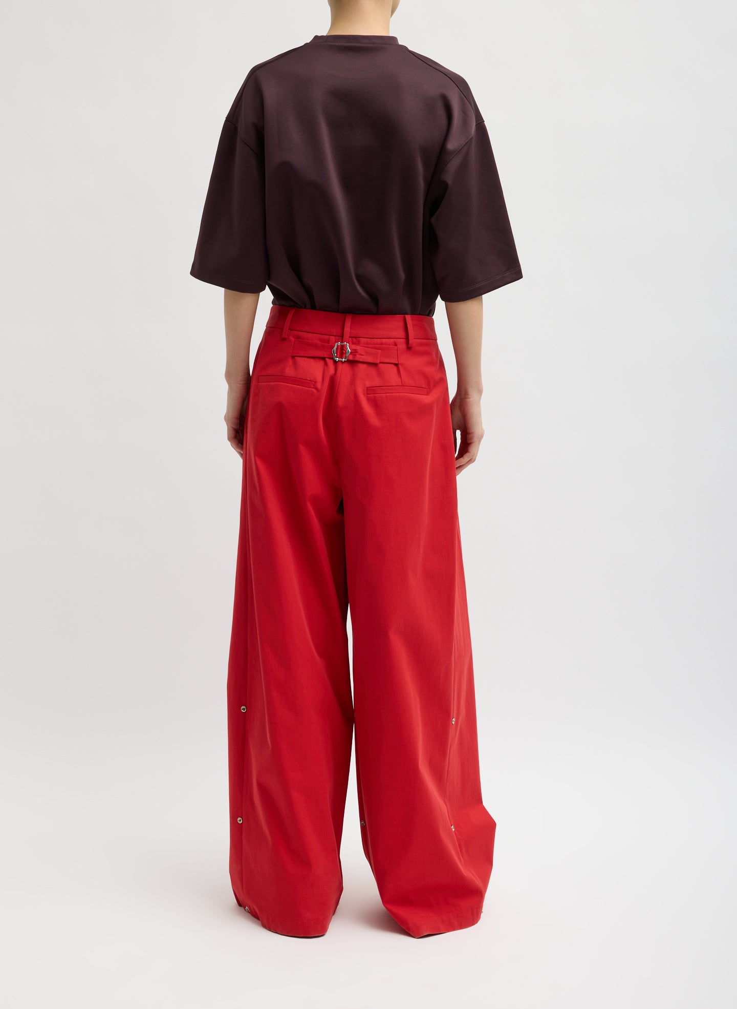 Red Bio Twill Triple Pleat Pant - pleated wide leg trouser, back view on model