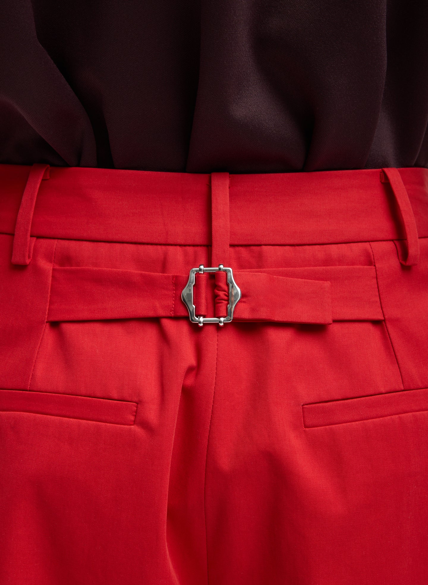 Red Bio Twill Triple Pleat Pant - closeup of back belt detail