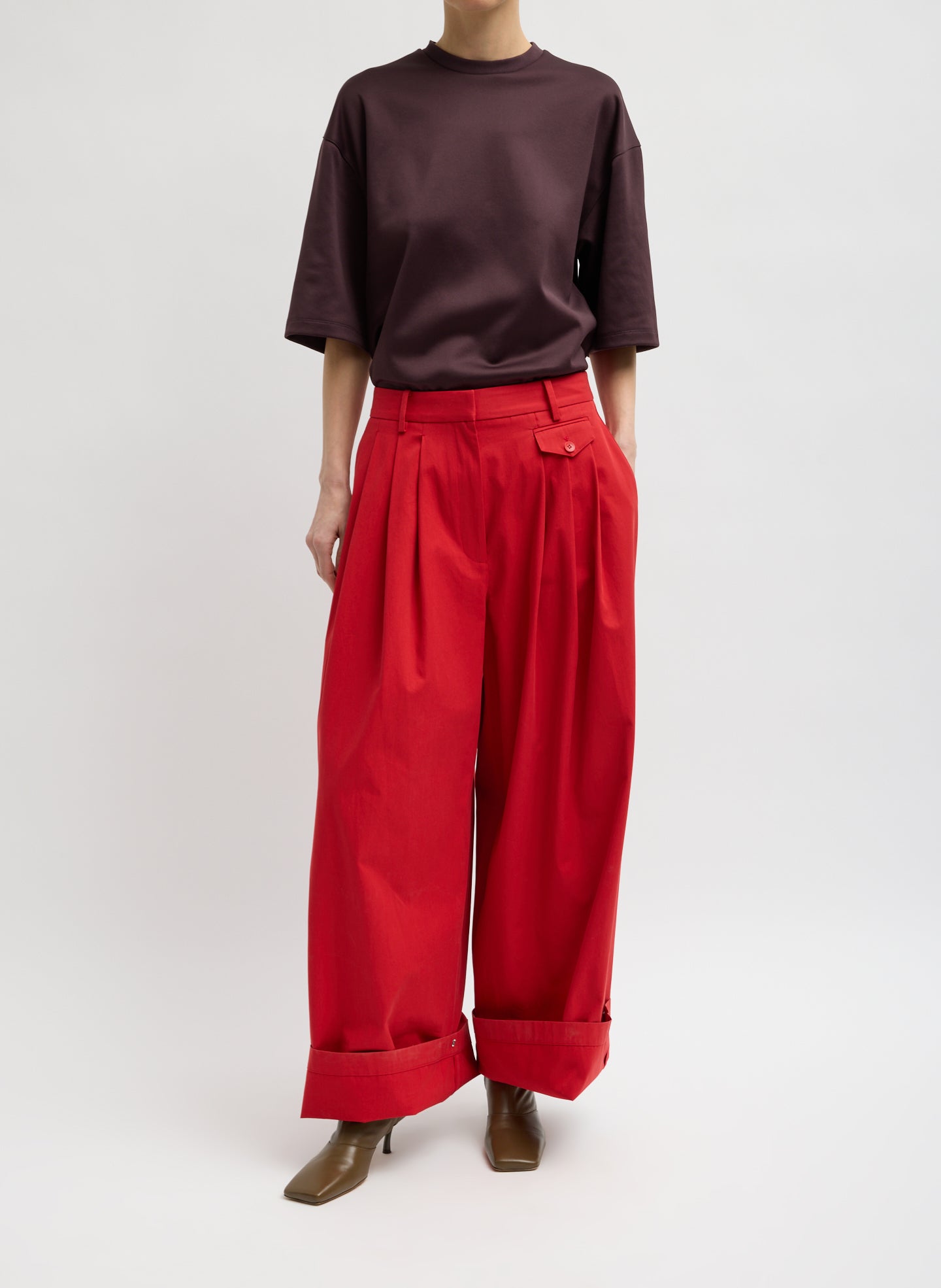 Red Bio Twill Triple Pleat Pant - pleated wide leg trouser, front view on model